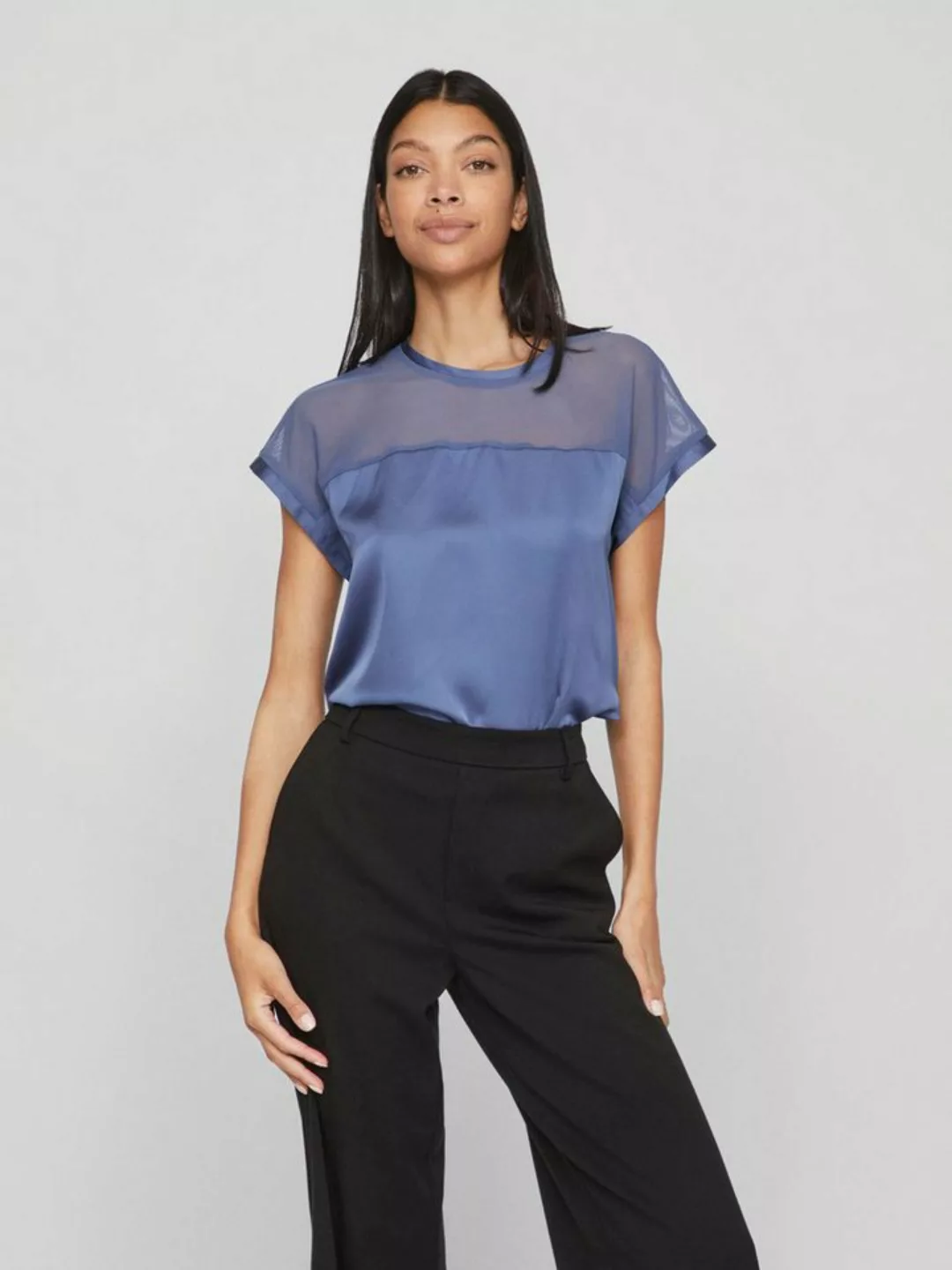 Vila Blusenshirt Top glänzendes Mesh-Oberteil Rundhals 7709 in Blau günstig online kaufen