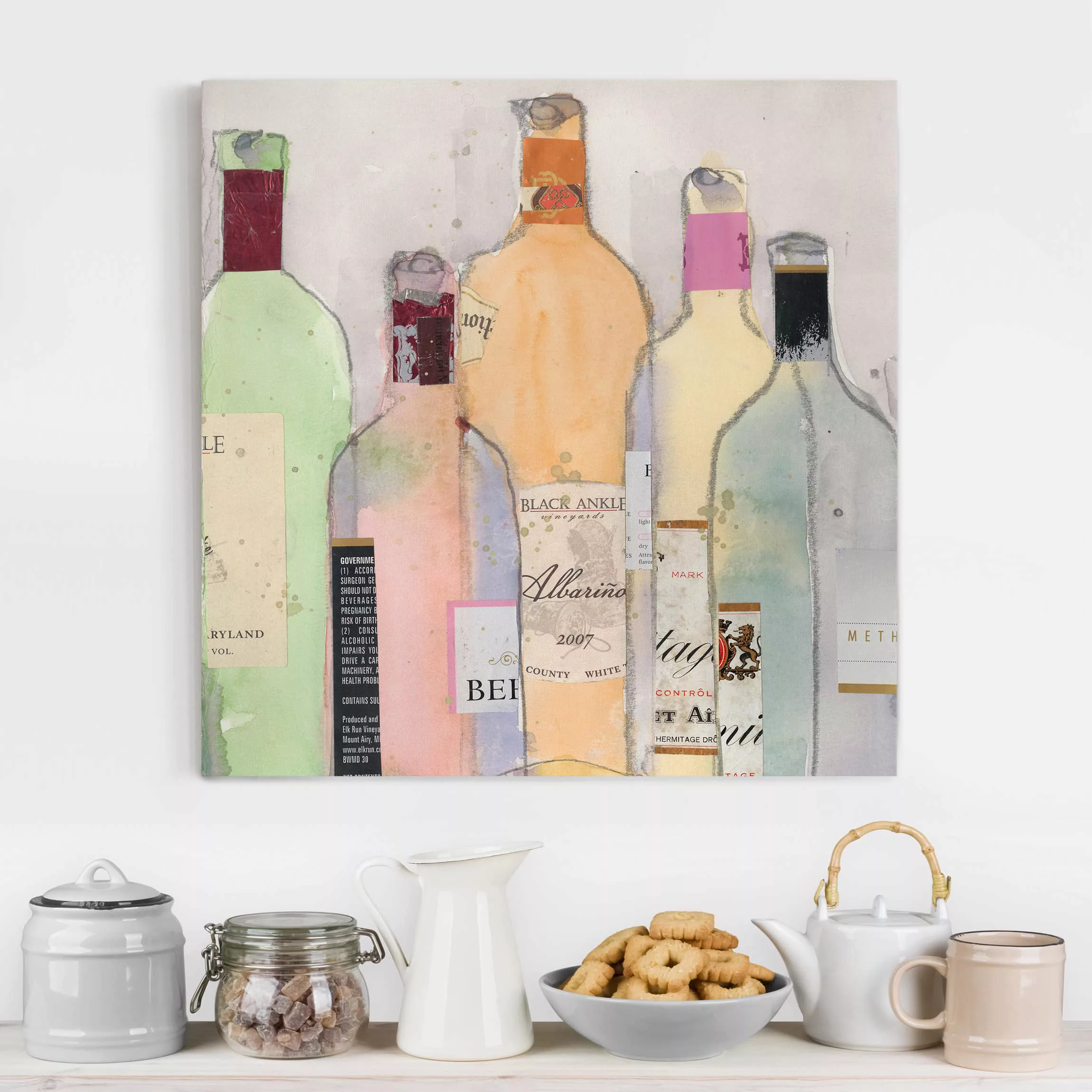 Leinwandbild Küche - Quadrat Weinflaschen in Wasserfarbe II günstig online kaufen
