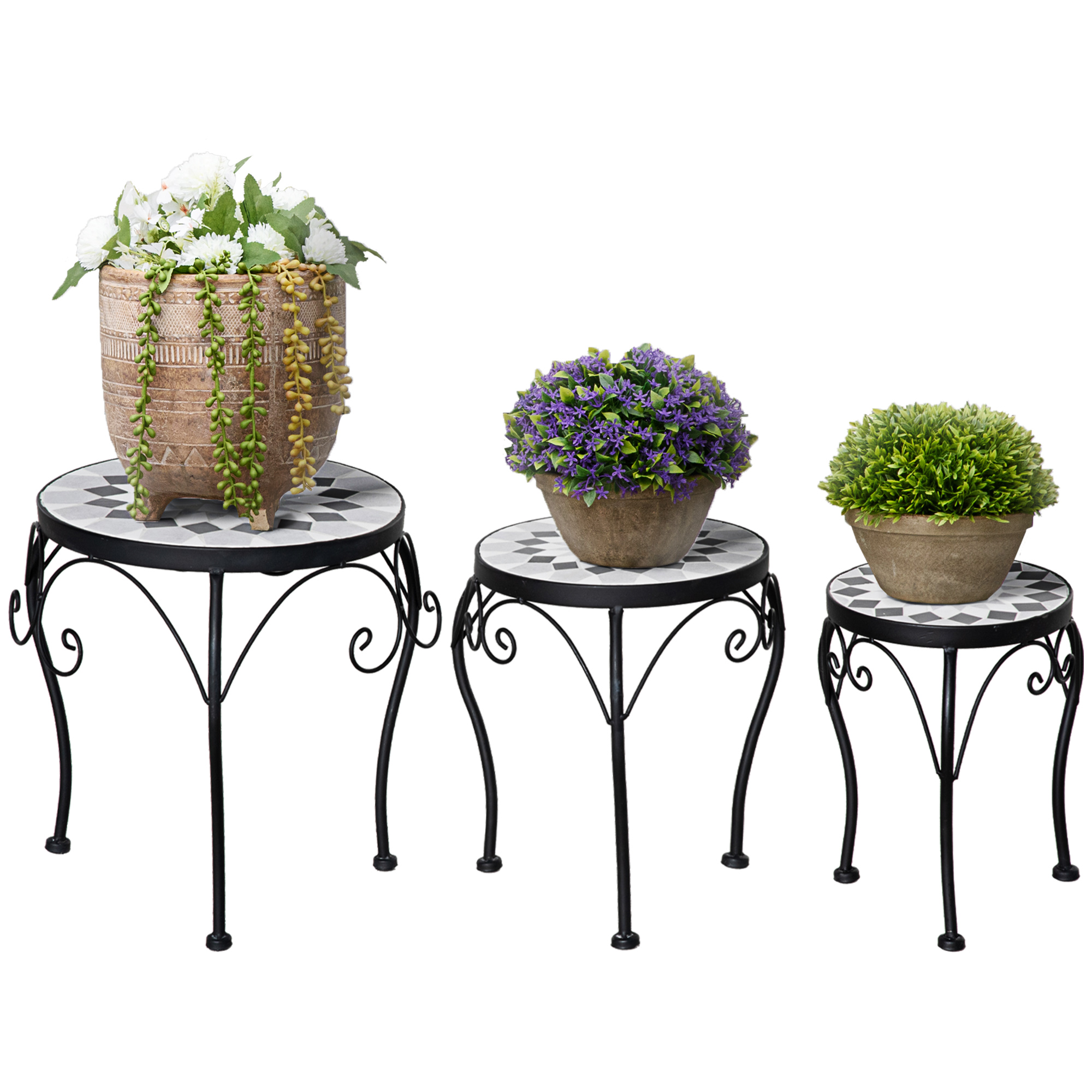 Outsunny Pflanzenständer 3er Set  Blumenhocker mit Keramikfliesen, Metall, günstig online kaufen