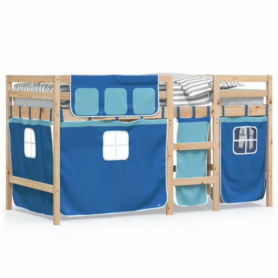 vidaXL Bett Kinderhochbett mit Vorhängen Blau 90x200 cm Massivholz Kiefer günstig online kaufen
