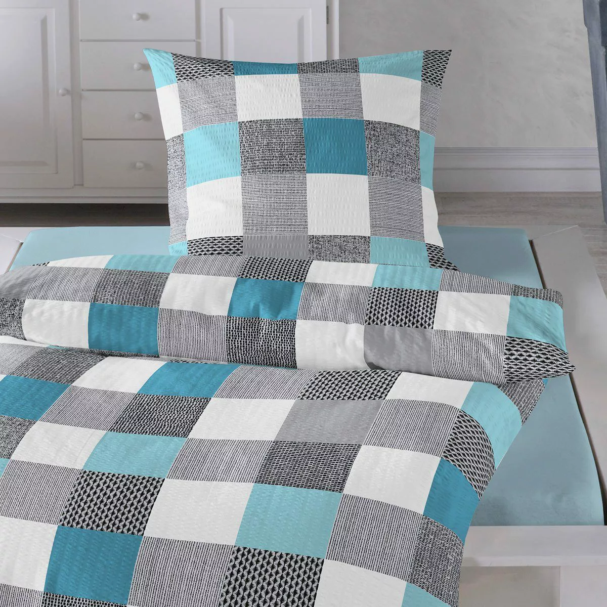 TRAUMSCHLAF Bettwäsche Karo aqua, Seersucker, 2 günstig online kaufen