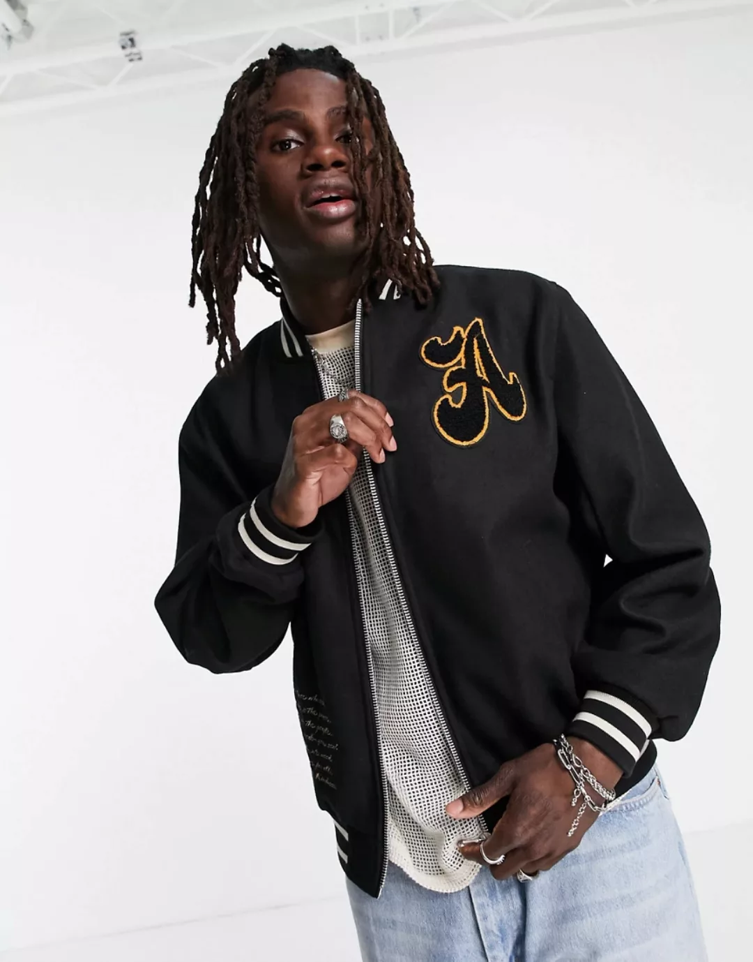 ASOS DESIGN – Oversize-Jacke aus Wollmischung im College-Design in Schwarz günstig online kaufen