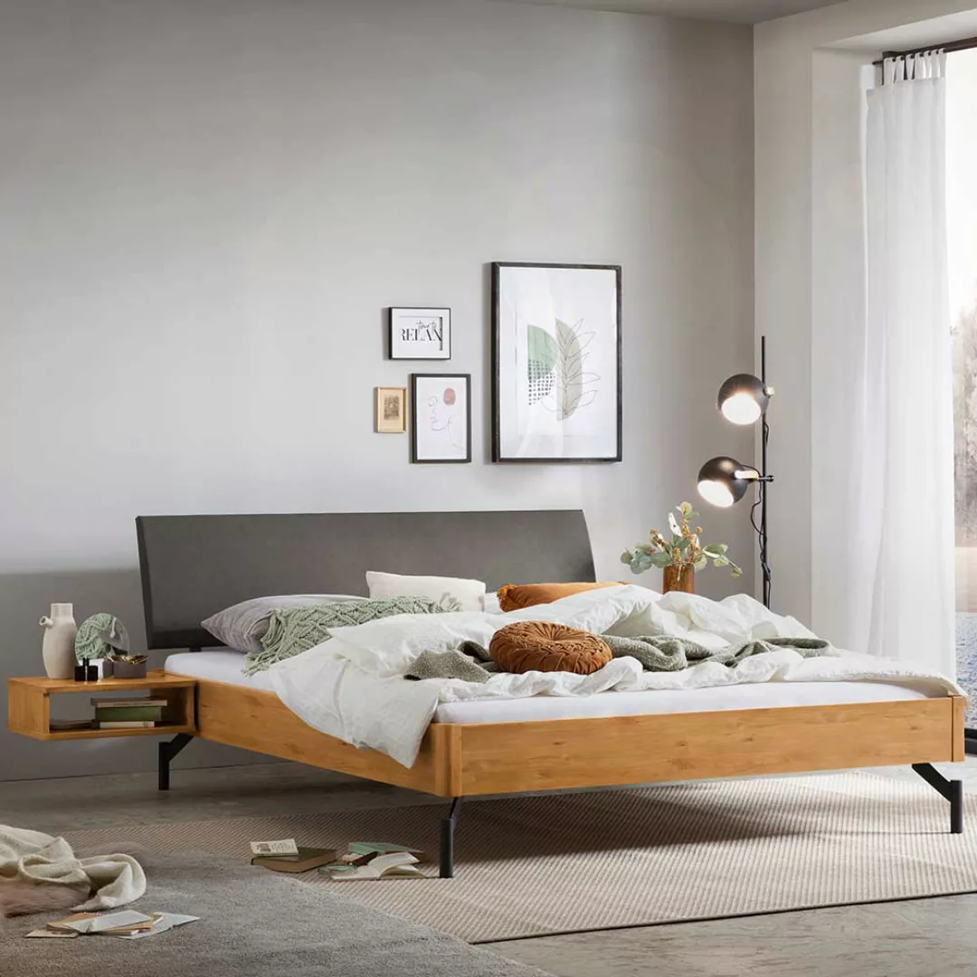 Massivholz Bett mit Kopfpolster aus Wildeiche Massivholz Metall günstig online kaufen