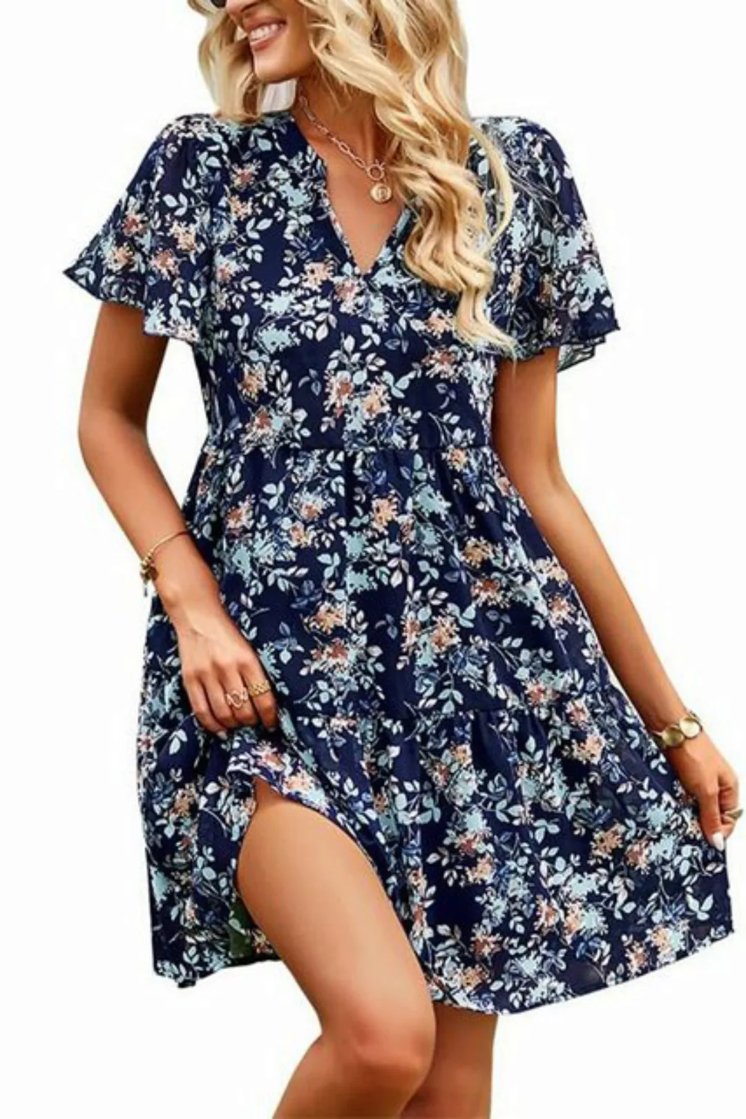 B.X A-Linien-Kleid Damen Sommer V-Ausschnitt Floral A-Line Kleid , jerseykl günstig online kaufen