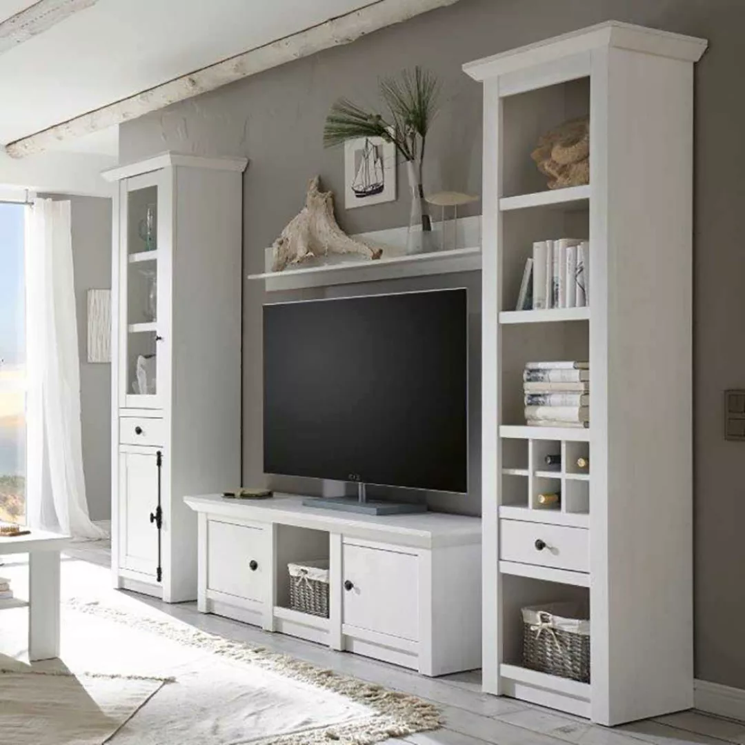 Wohnzimmer Schrankwand im Landhausstil Weiß Pinie (vierteilig) günstig online kaufen