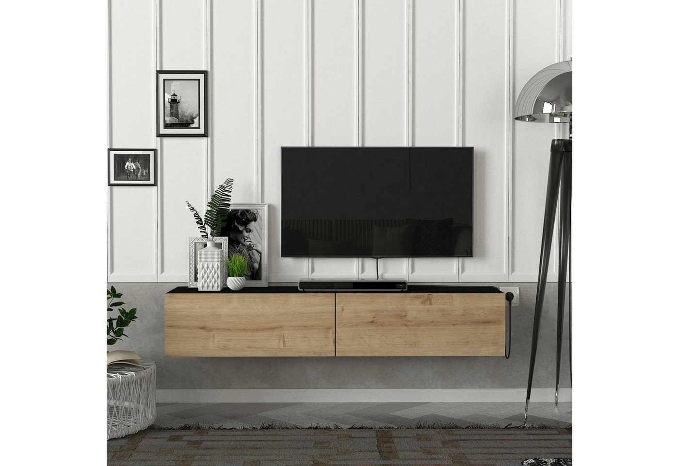 en.casa TV-Schrank »Toivakka« Fernsehschrank 135x31x25cm Schwarz/Eiche-Opti günstig online kaufen