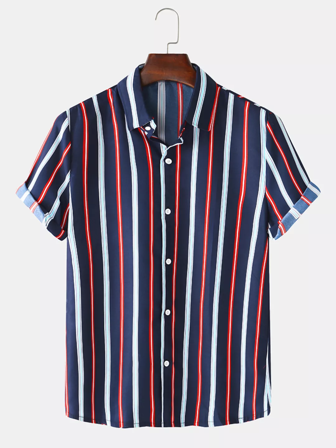 Mens Vertical Stripes Print Umdrehen Kragen Licht Lässig Kurzarm Shirts günstig online kaufen