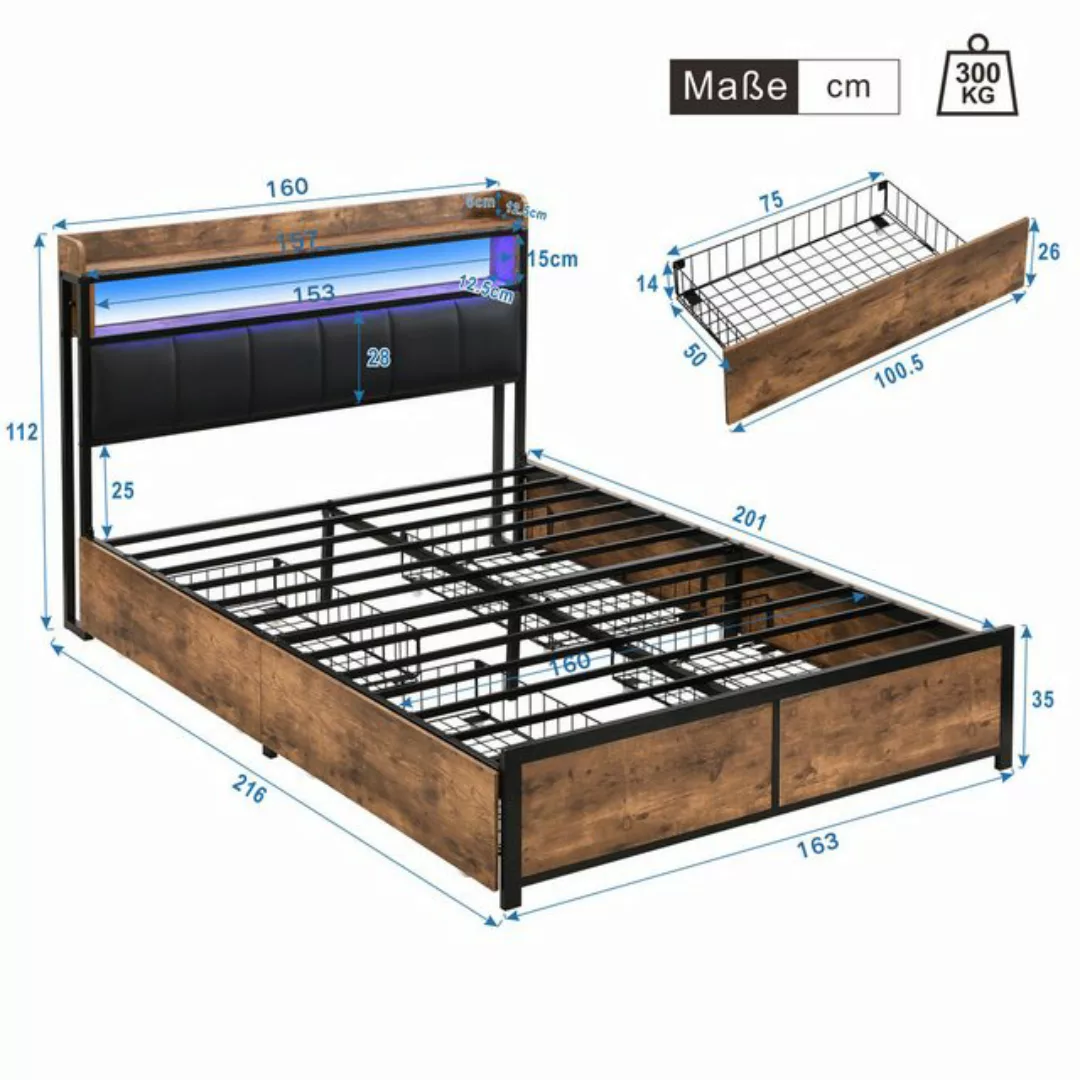 Rosaking Polsterbett 160*200cm mit Lattenrost und Kopfteil, LED-Bett, Jugen günstig online kaufen