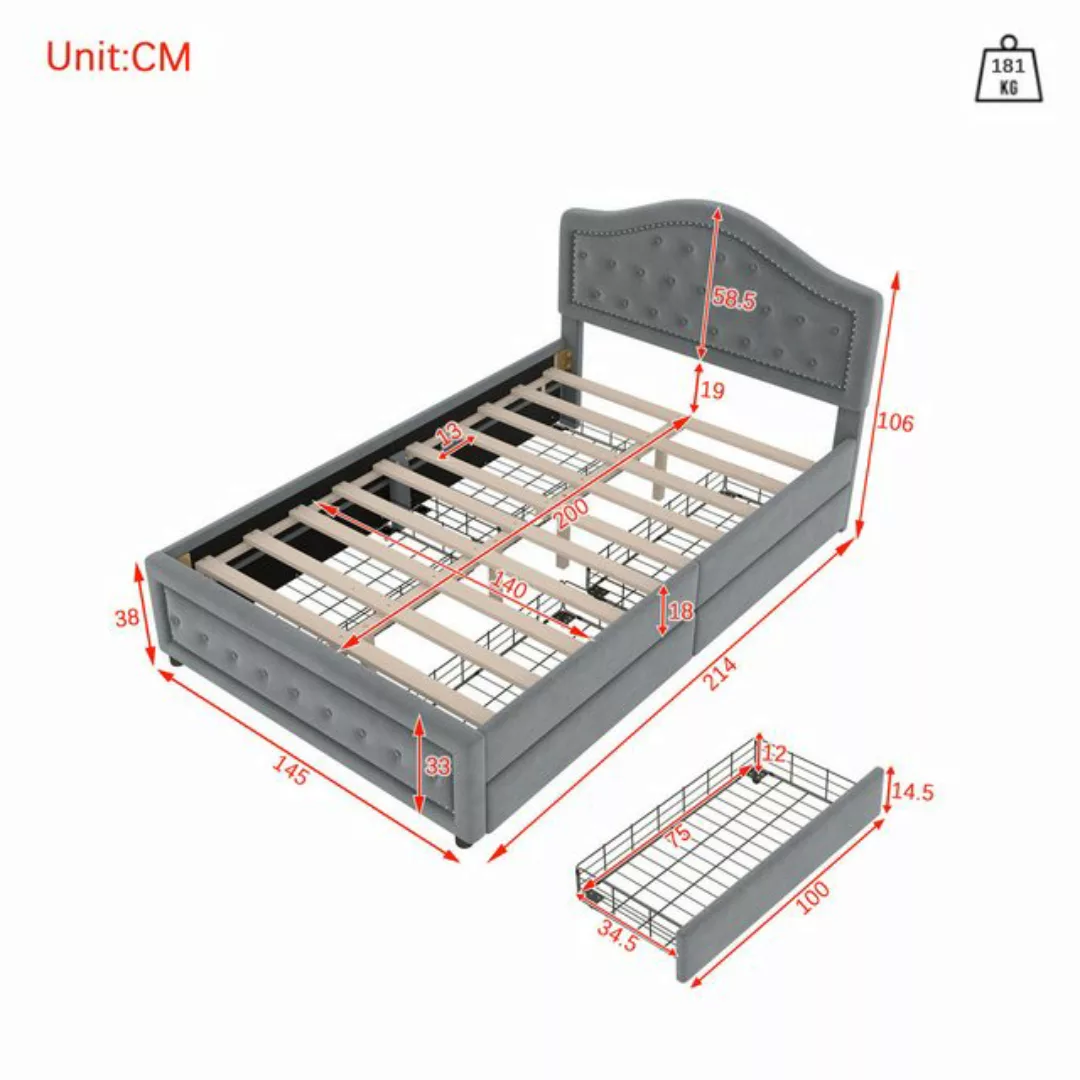 Flieks Polsterbett, Doppelbett Kinderbett 140x200cm mit 4 Schubladen Samtbe günstig online kaufen