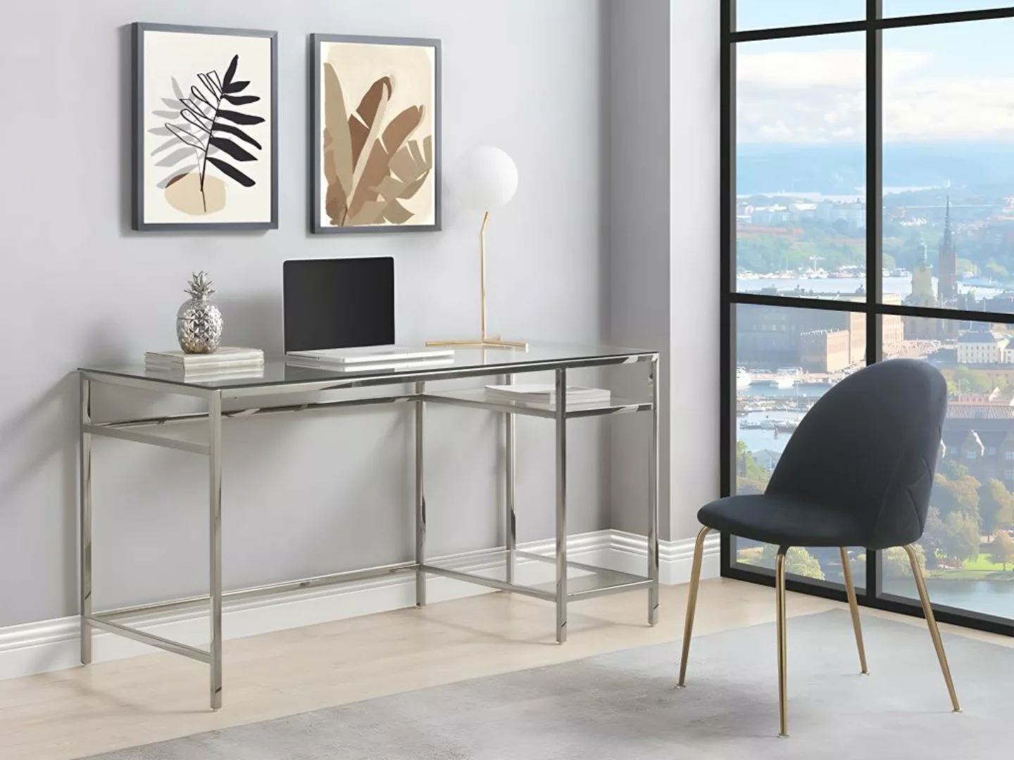 Schreibtisch mit 2 Ablagen - Glas & Stahl - Silberfarbe - TIZIO von Pascal günstig online kaufen