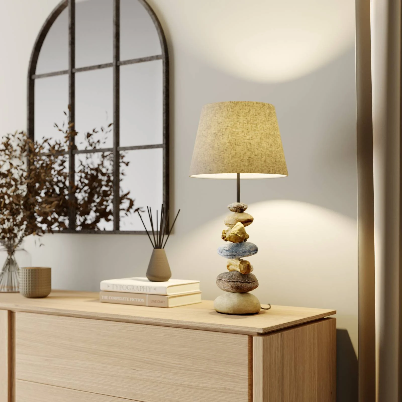 Tischlampe Vera, Stoffschirm und Stein-Dekor, 55cm günstig online kaufen