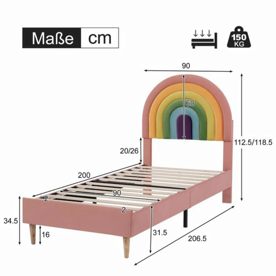 Flieks Polsterbett, Kinderbett mit verstellbarem Regenbogen-Kopfteil 90x200 günstig online kaufen