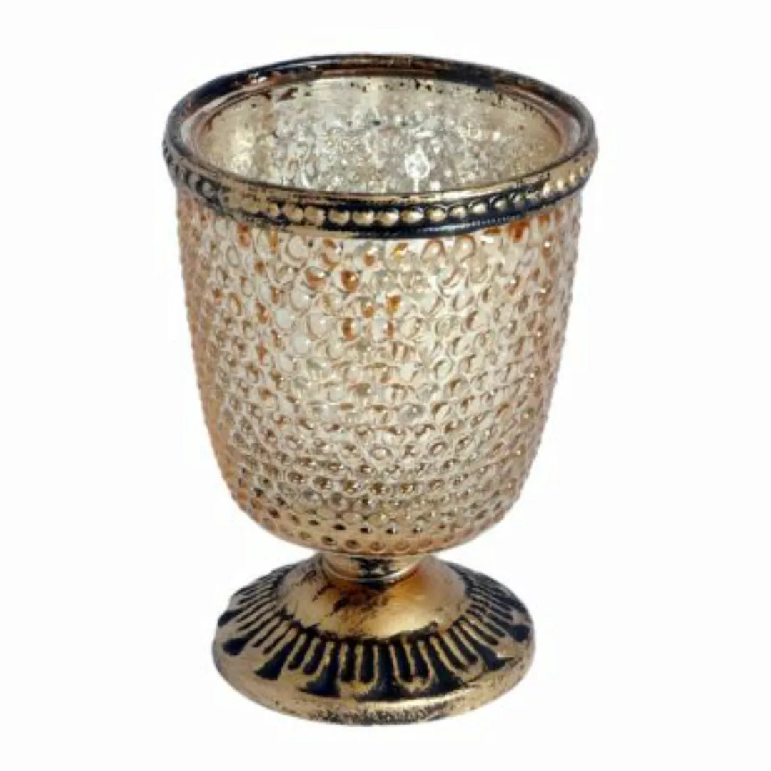 B & S Teelichtpokal Teelichtglas Vintage aus Glas mit Metallrand rund gold günstig online kaufen