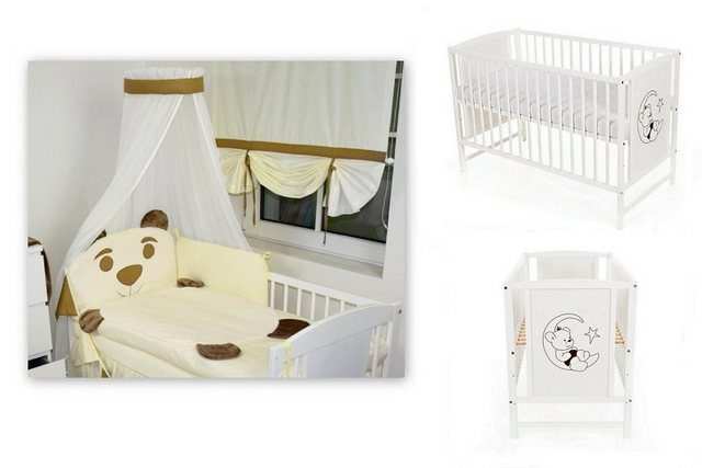 Babyhafen Kinderbett 90 × 120 komplett Matratze Kiefernholz Bär Creme Plüsc günstig online kaufen