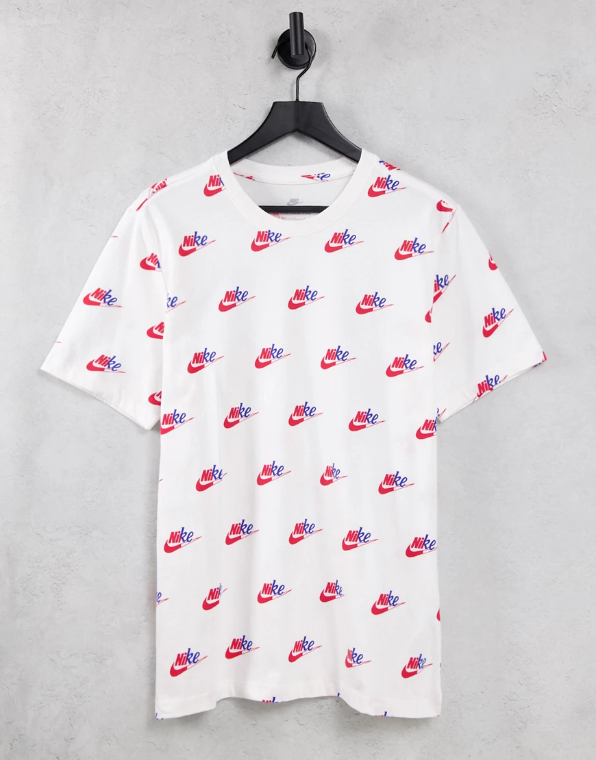 Nike – Weißes T-Shirt mit durchgehendem Logoprint günstig online kaufen
