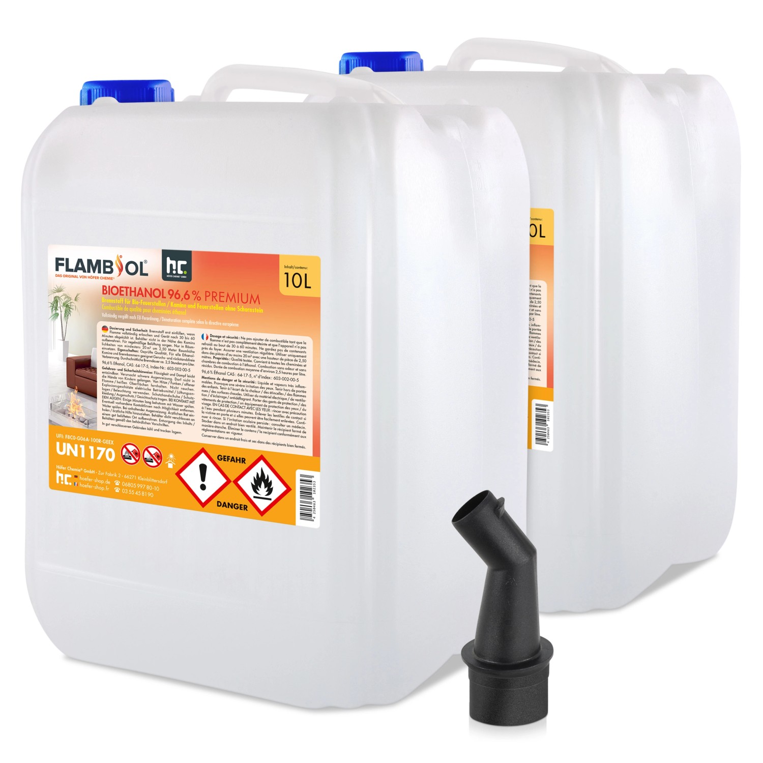 Flambiol Bioethanol 96,6% Premium für Ethanolkamin in Kanistern 2 x 10l günstig online kaufen