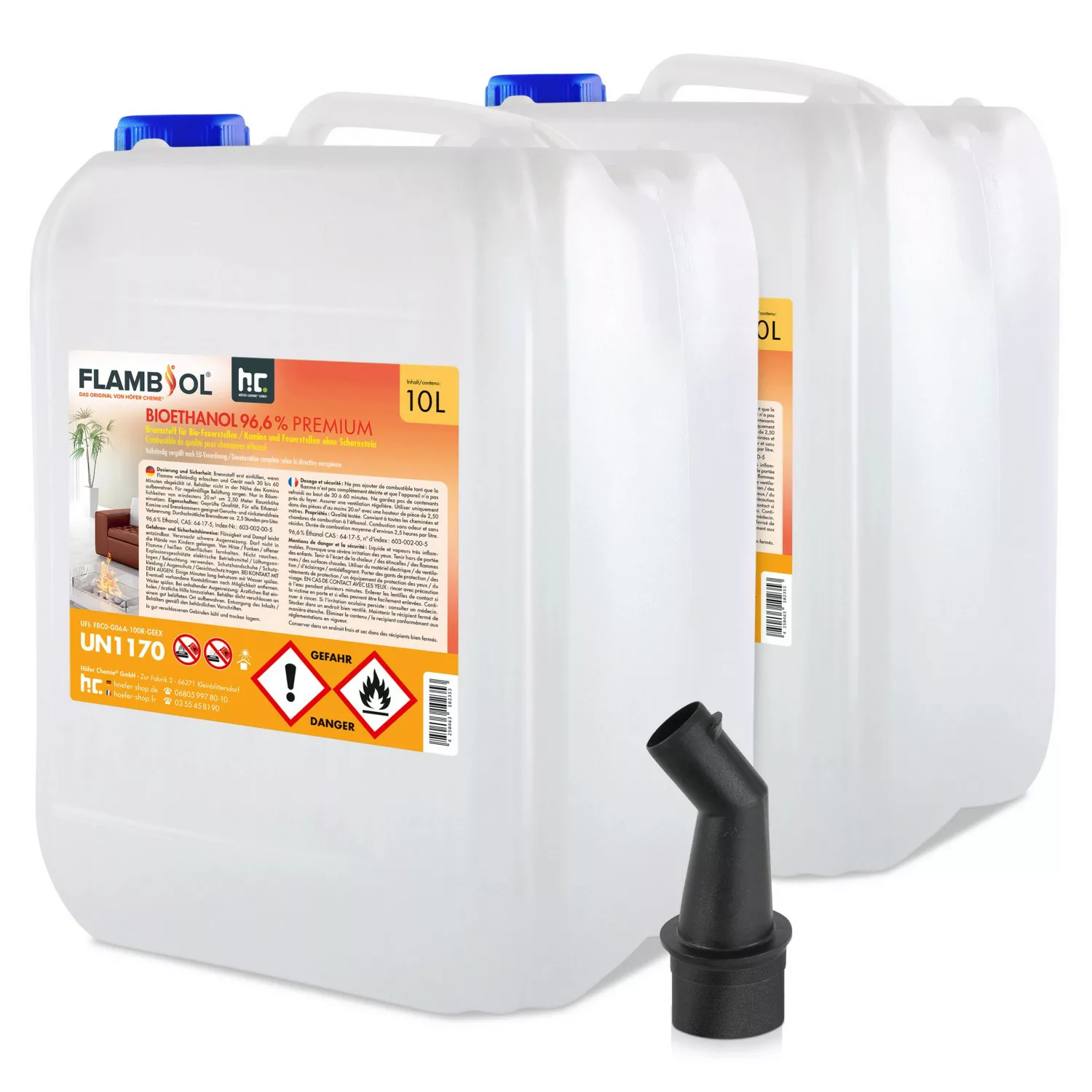 Flambiol Bioethanol 96,6% Premium für Ethanolkamin in Kanistern 2 x 10l günstig online kaufen