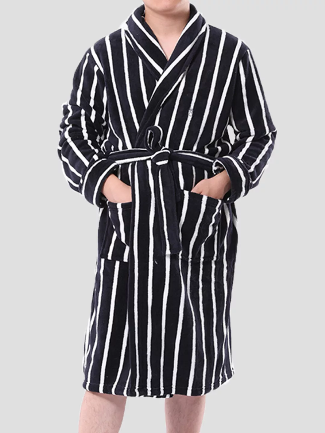 Herren Flanell Winter Warm Casual Gestreifte Nachthemd Gürtel Lounge Robe günstig online kaufen