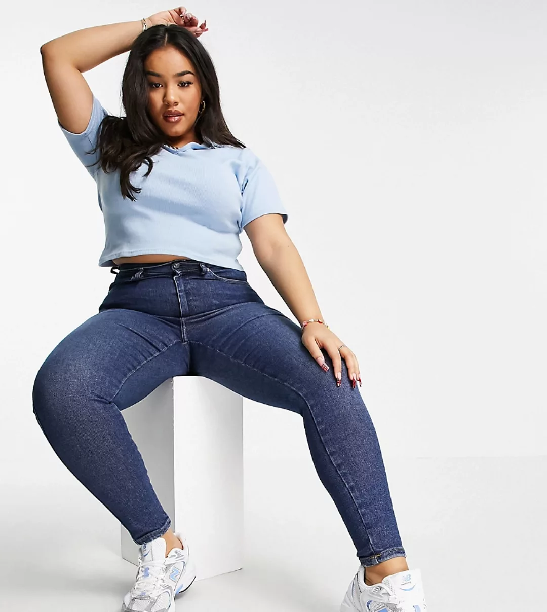 Dr Denim Plus – Moxy – Enge Jeans mit hohem Bund in dunkler Waschung-Blau günstig online kaufen