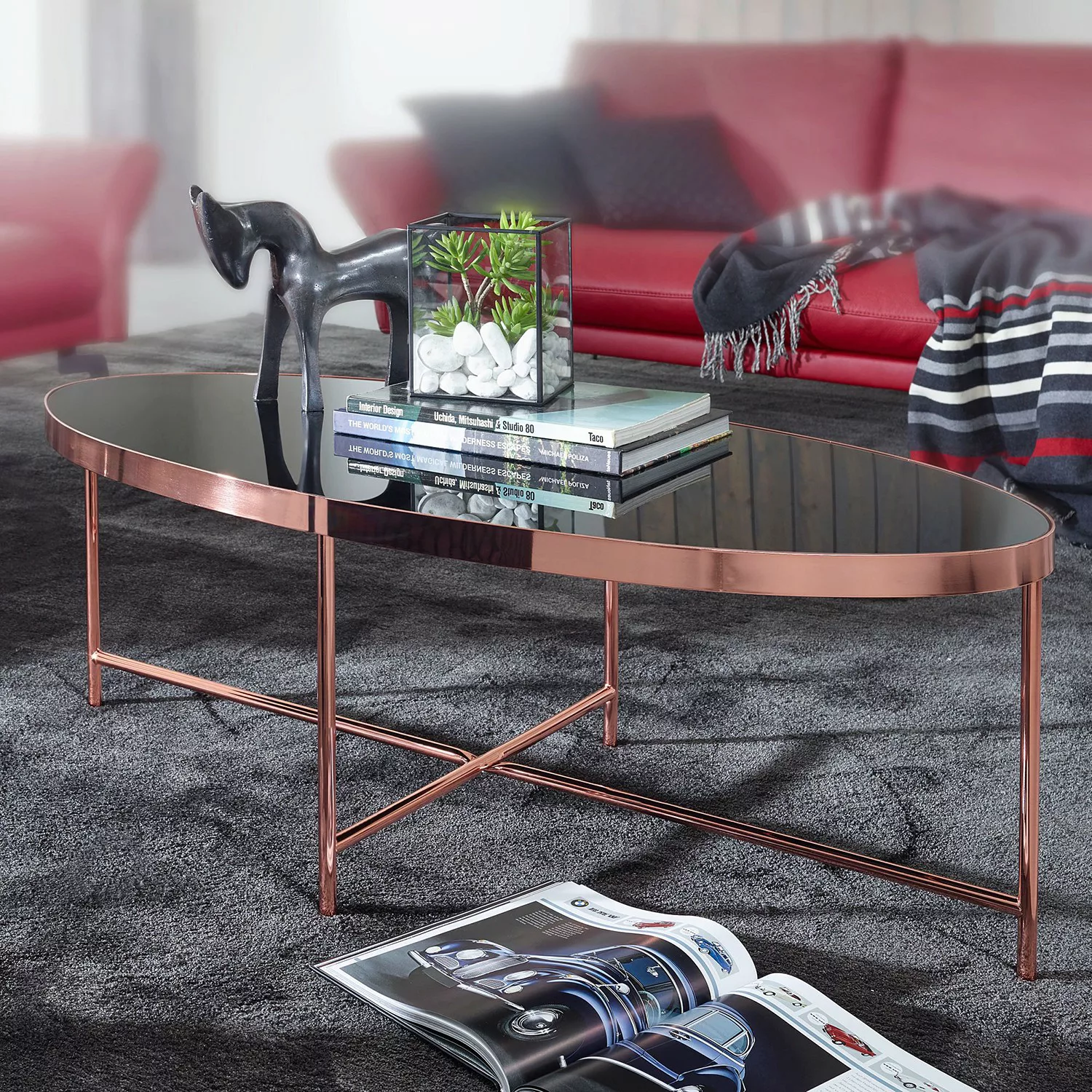 Design Couchtisch Oval 110 x 56 cm Spiegel Glas | Wohnzimmertisch mit Metal günstig online kaufen