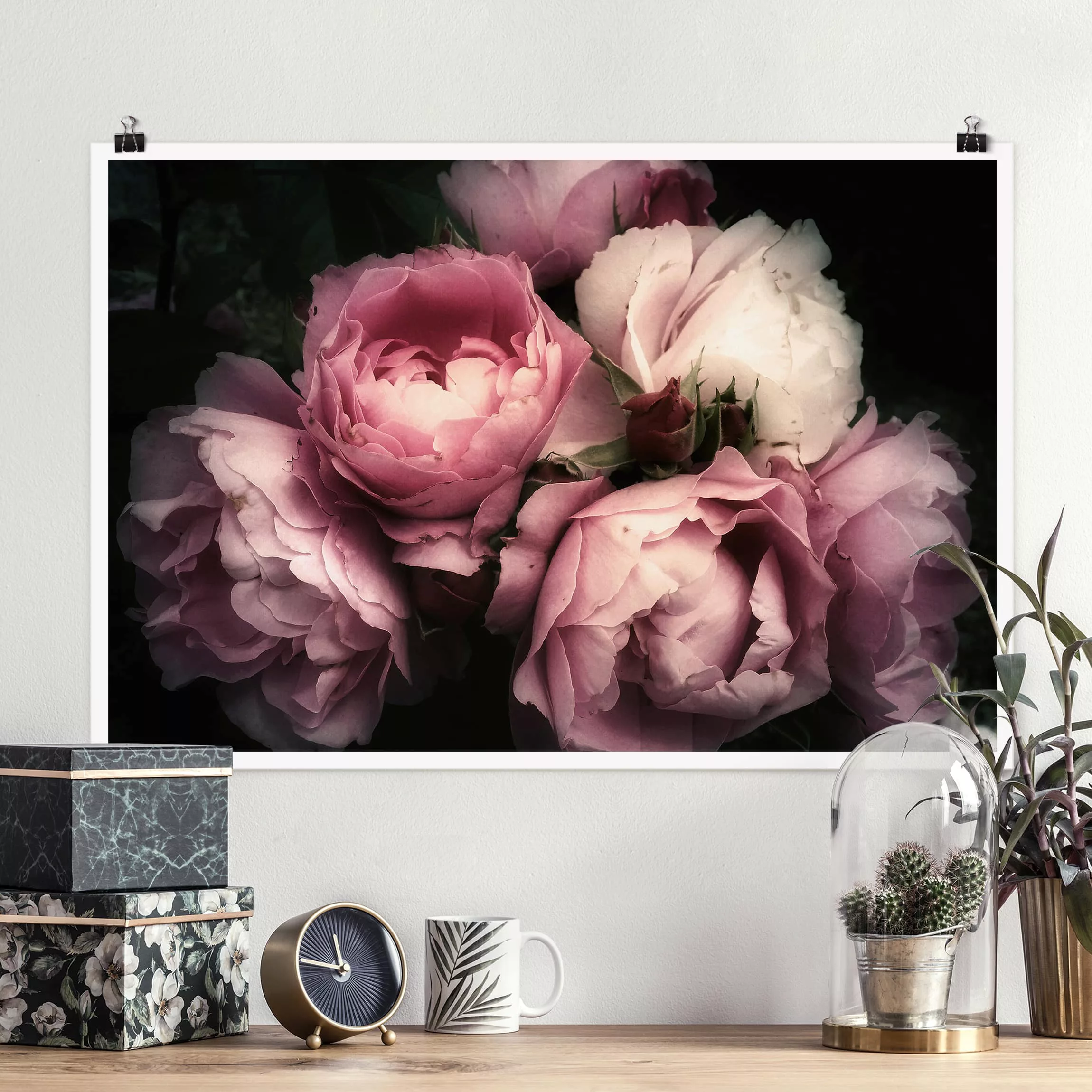 Poster Blumen - Querformat Pfingstrosen vor Schwarz Shabby günstig online kaufen