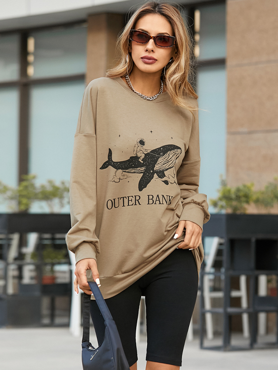 YOINS Khaki Shark Grafik Brief Rundhalsausschnitt Langarm Sweatshirt günstig online kaufen