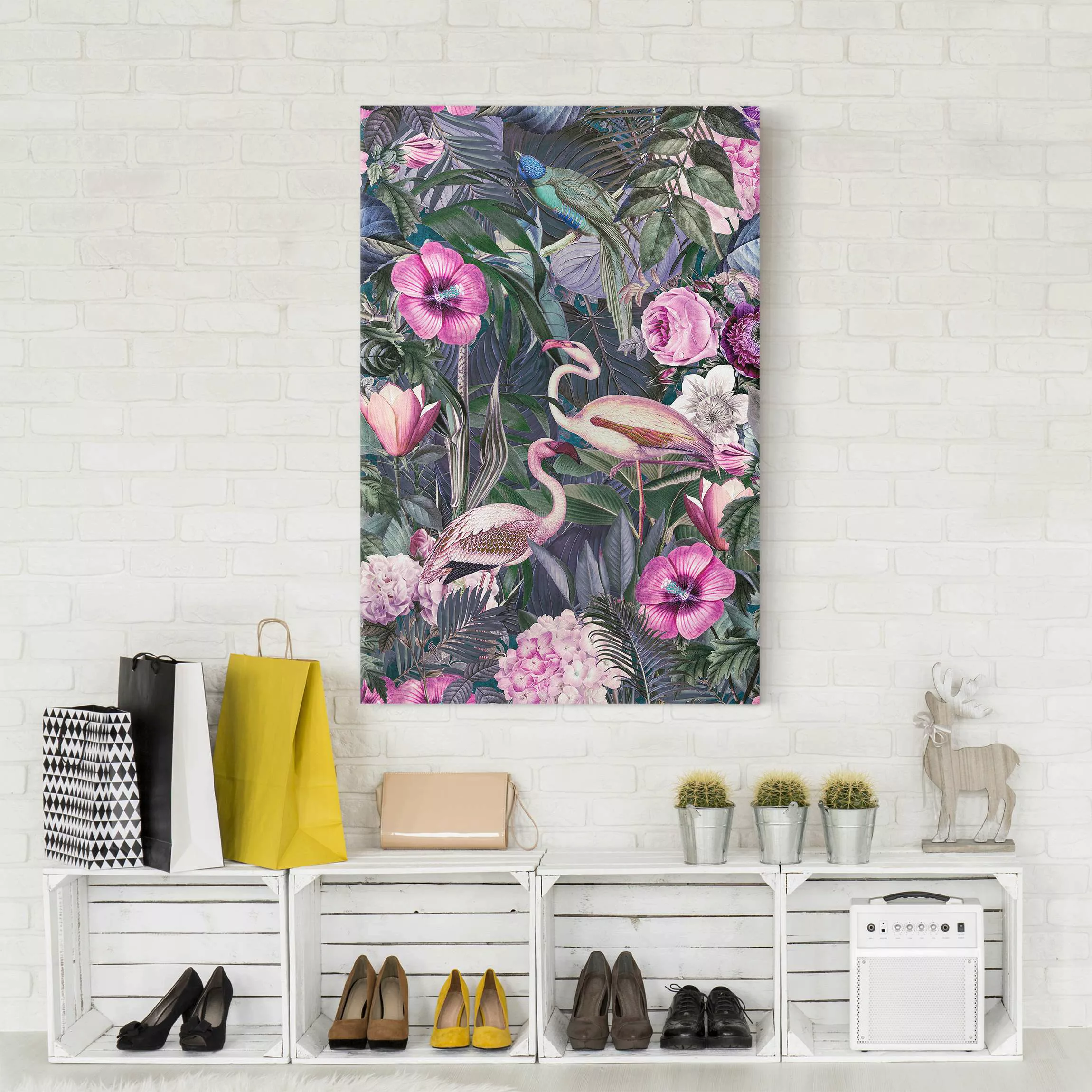 Leinwandbild Bunte Collage - Pinke Flamingos im Dschungel günstig online kaufen