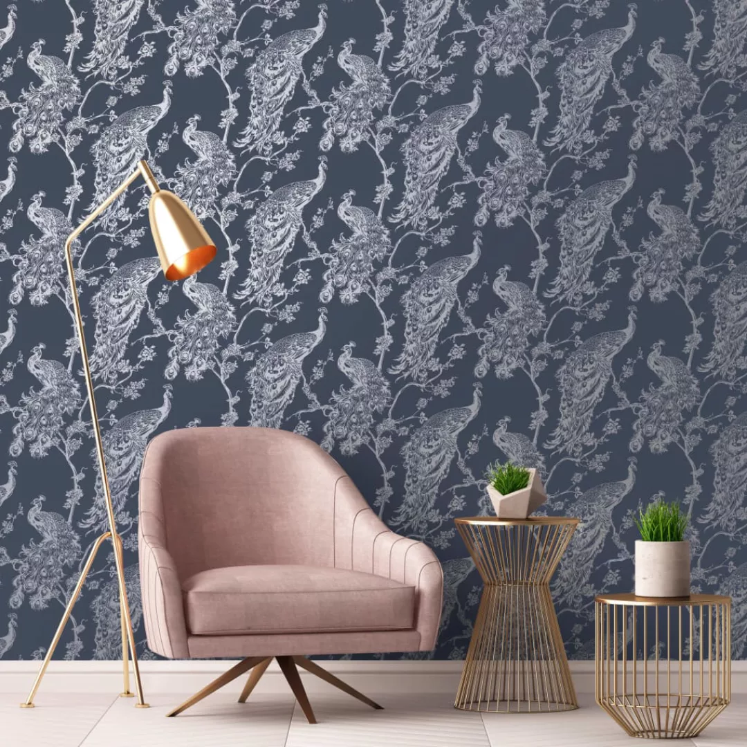 Dutch Wallcoverings Tapete Pfauen-motiv Marineblau Und Silbern günstig online kaufen