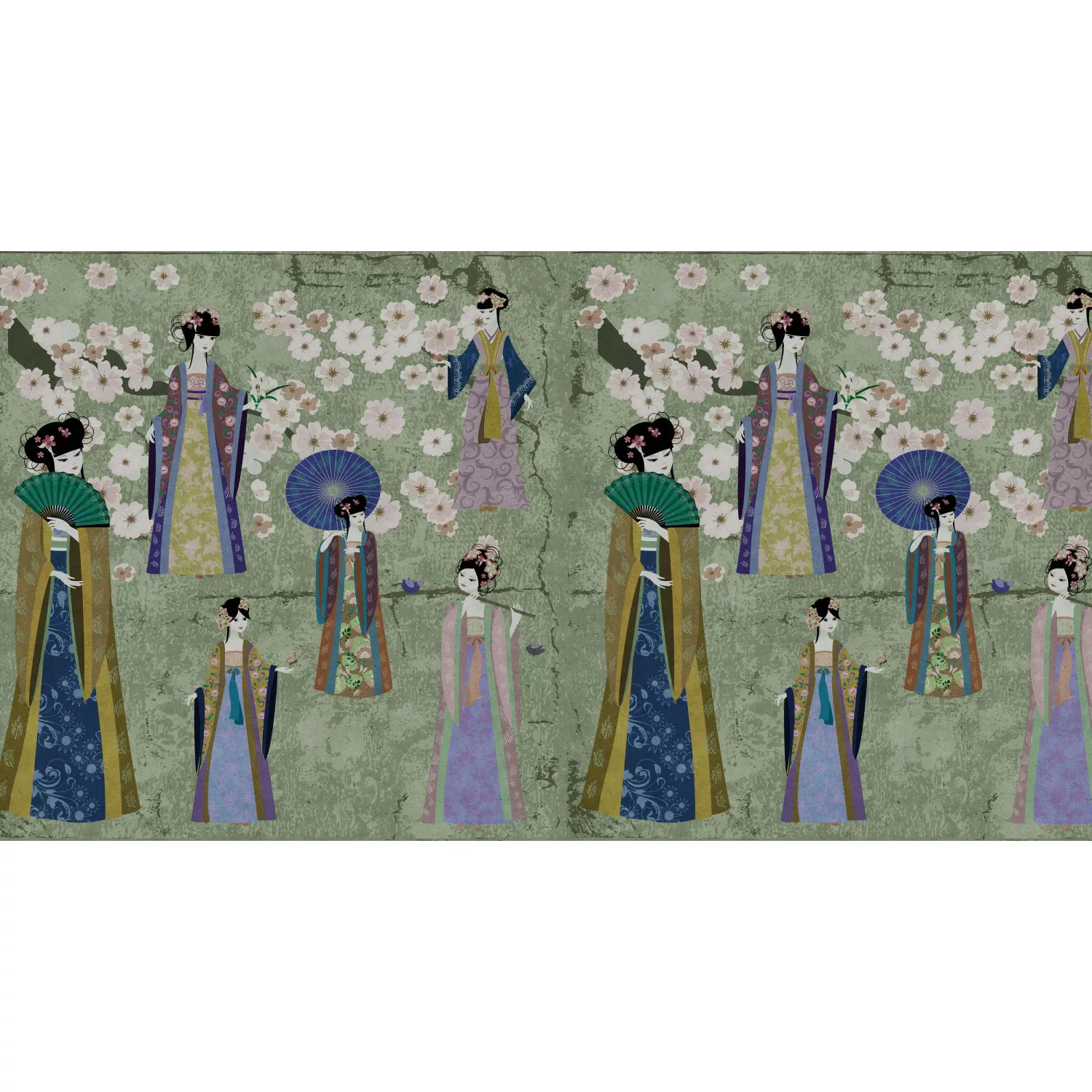 Fototapete Japan Blüten Kimono Geisha Weiß Blau Grau 5,00 m x 2,70 m FSC® günstig online kaufen