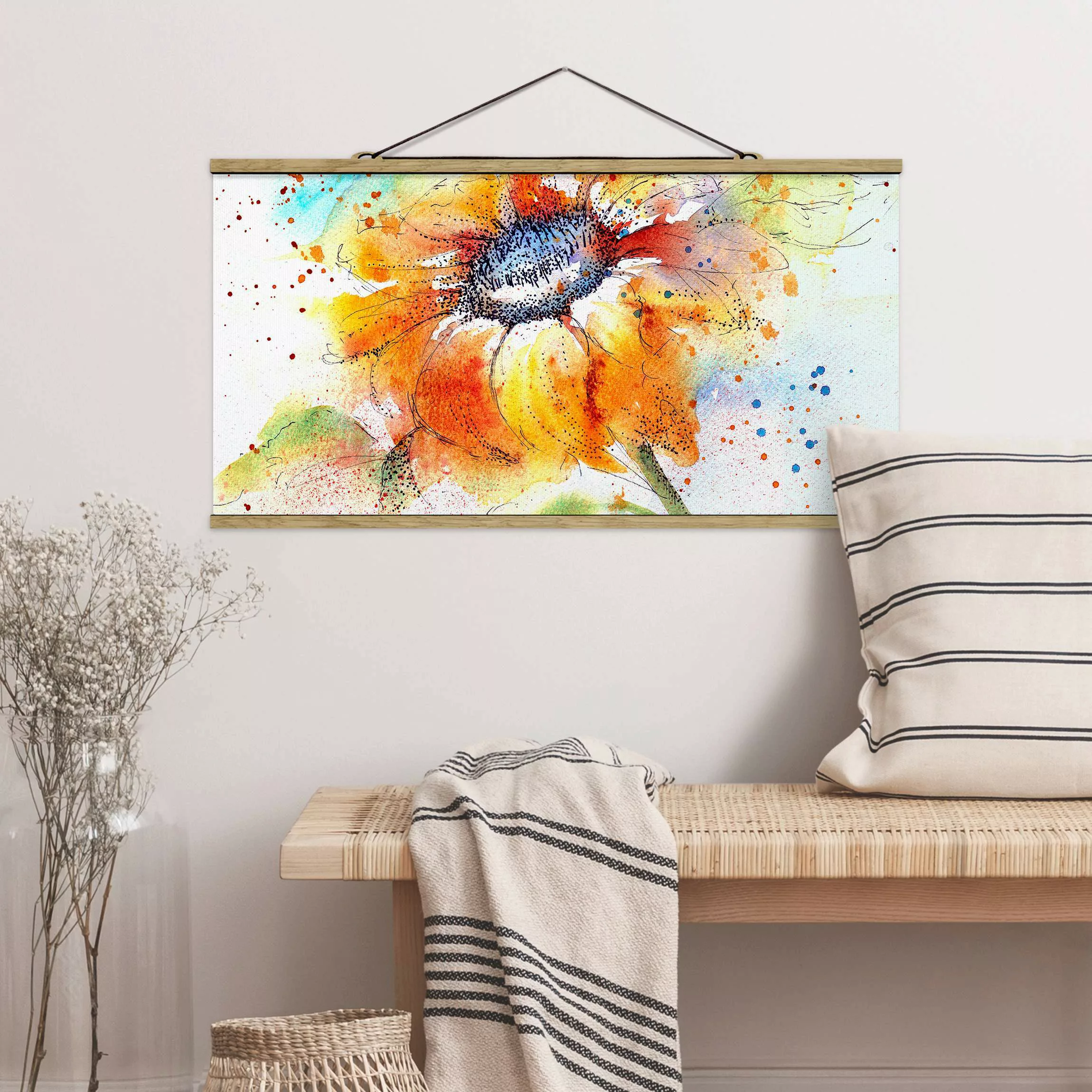 Stoffbild Blumen mit Posterleisten - Querformat Painted Sunflower günstig online kaufen