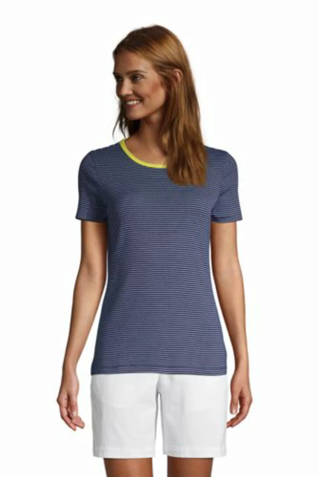 Kurzarm-Rippshirt Gestreift, Damen, Größe: L Normal, Blau, Baumwolle, by La günstig online kaufen