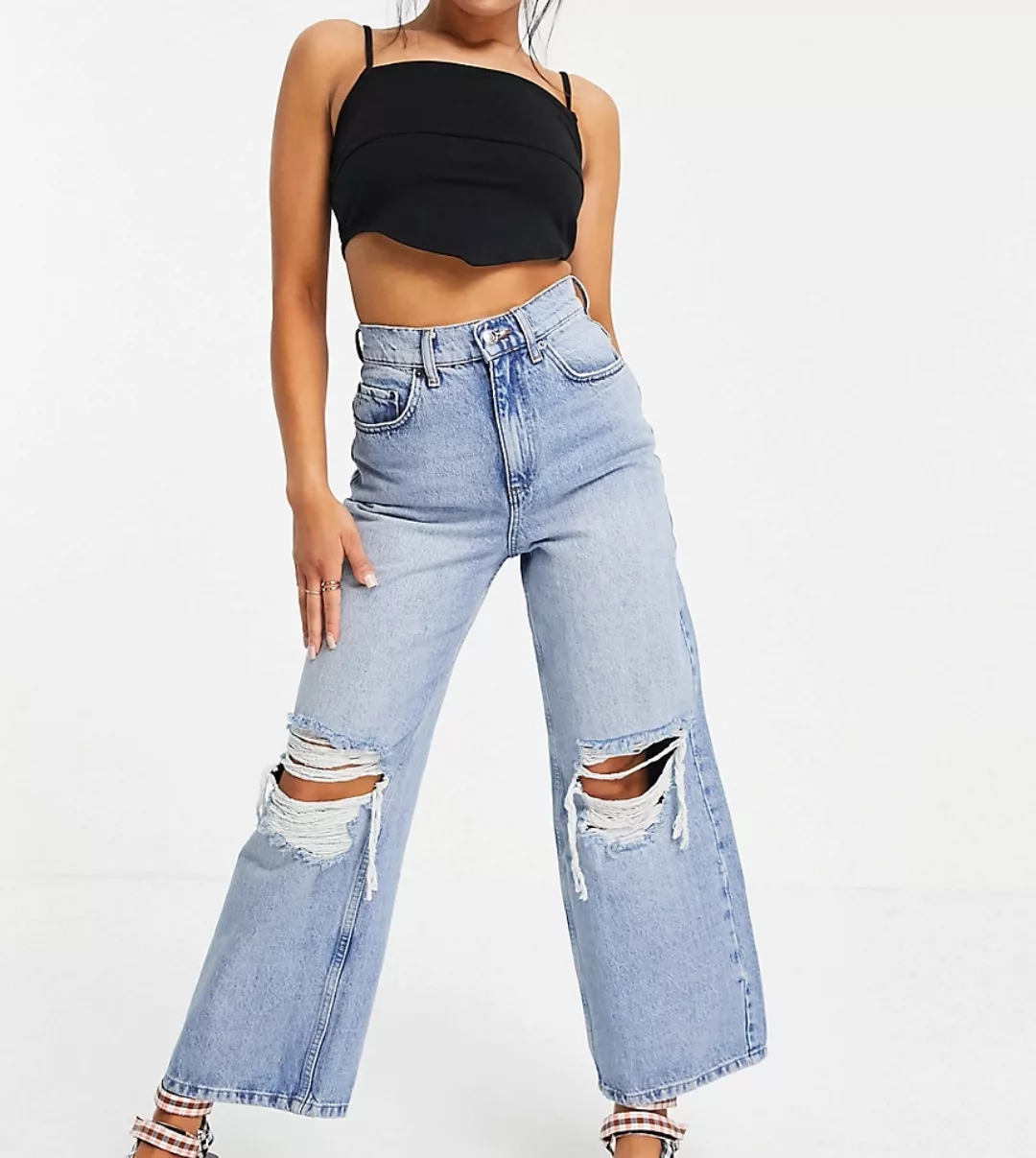 ASOS DESIGN Petite – Lockere Dad-Jeans mit hohem Bund und Rissen in heller günstig online kaufen