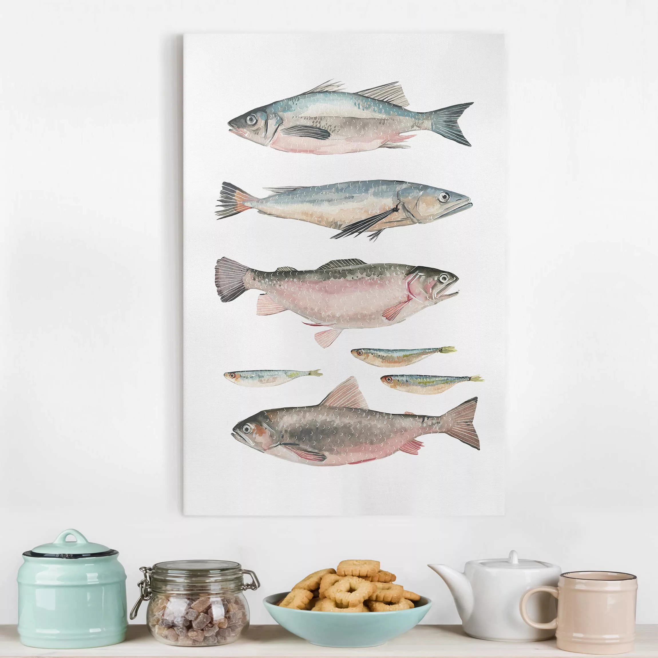 Leinwandbild Tiere - Hochformat Sieben Fische in Aquarell I günstig online kaufen