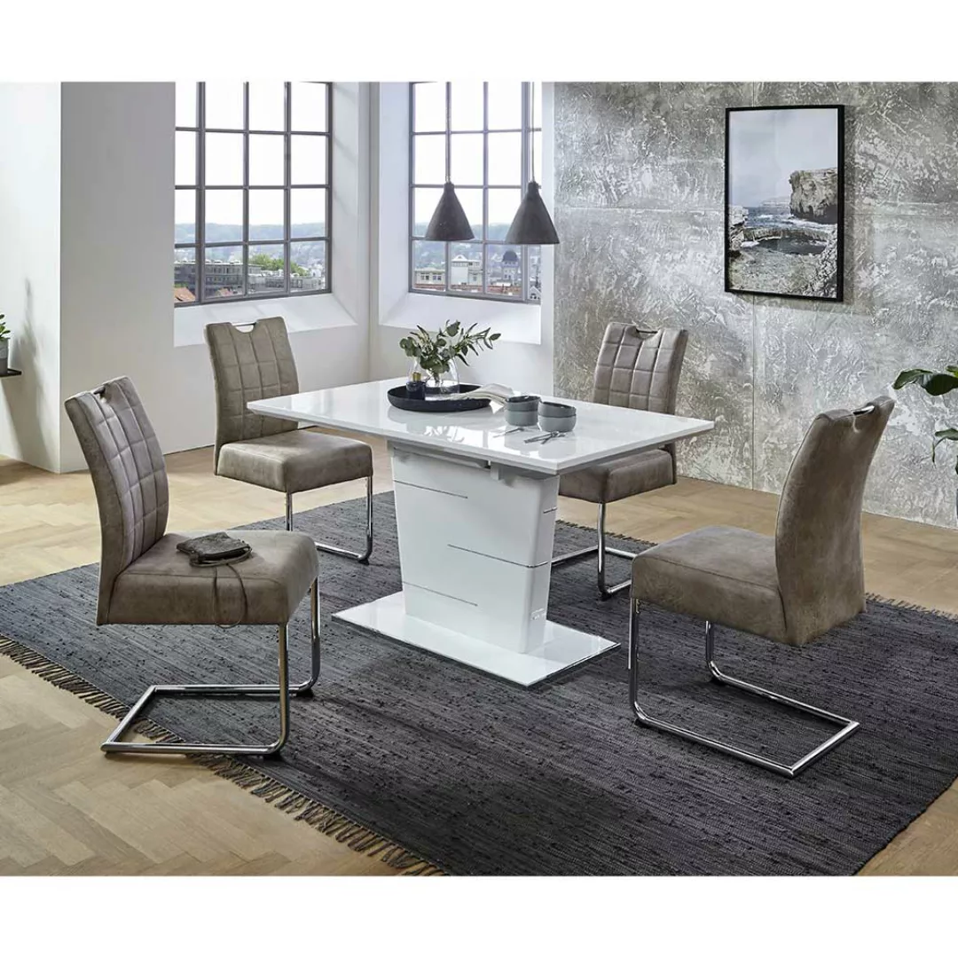 Esszimmersitzgruppe in Hochglanz Weiß und Beige ausziehbarem Tisch (fünftei günstig online kaufen