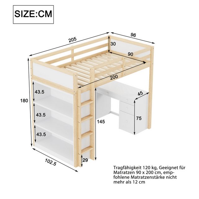 Merax Hochbett (multifunktionales Holzbett) Kinderbett 90x200cm mit Aufbewa günstig online kaufen