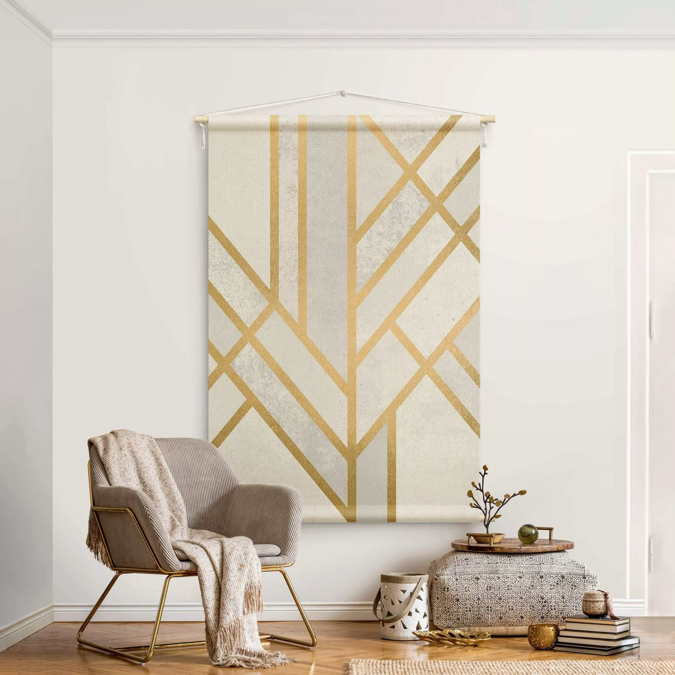 Wandteppich Art Deco Geometrie Weiß Gold günstig online kaufen