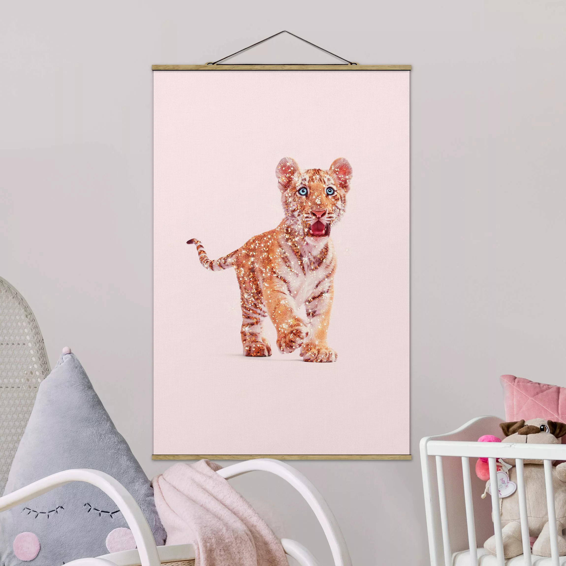 Stoffbild Tiere mit Posterleisten - Hochformat Tiger mit Glitzer günstig online kaufen