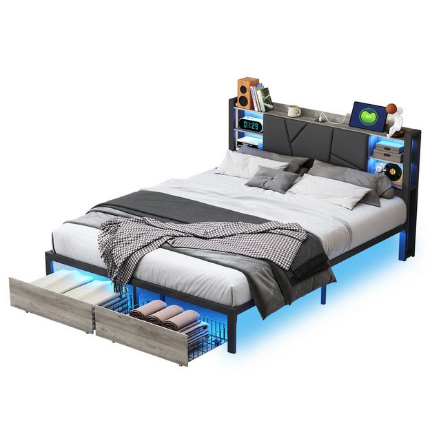 FUROKOY Polsterbett Doppelbett,LED Metallbett Holzbett mit Stauraum, 140x20 günstig online kaufen