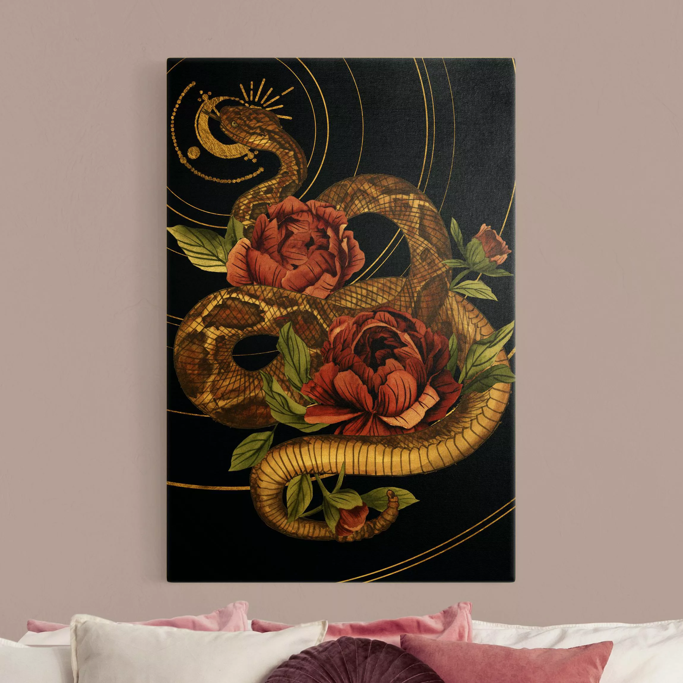 Leinwandbild Gold Schlange mit Rosen Schwarz und Gold I günstig online kaufen