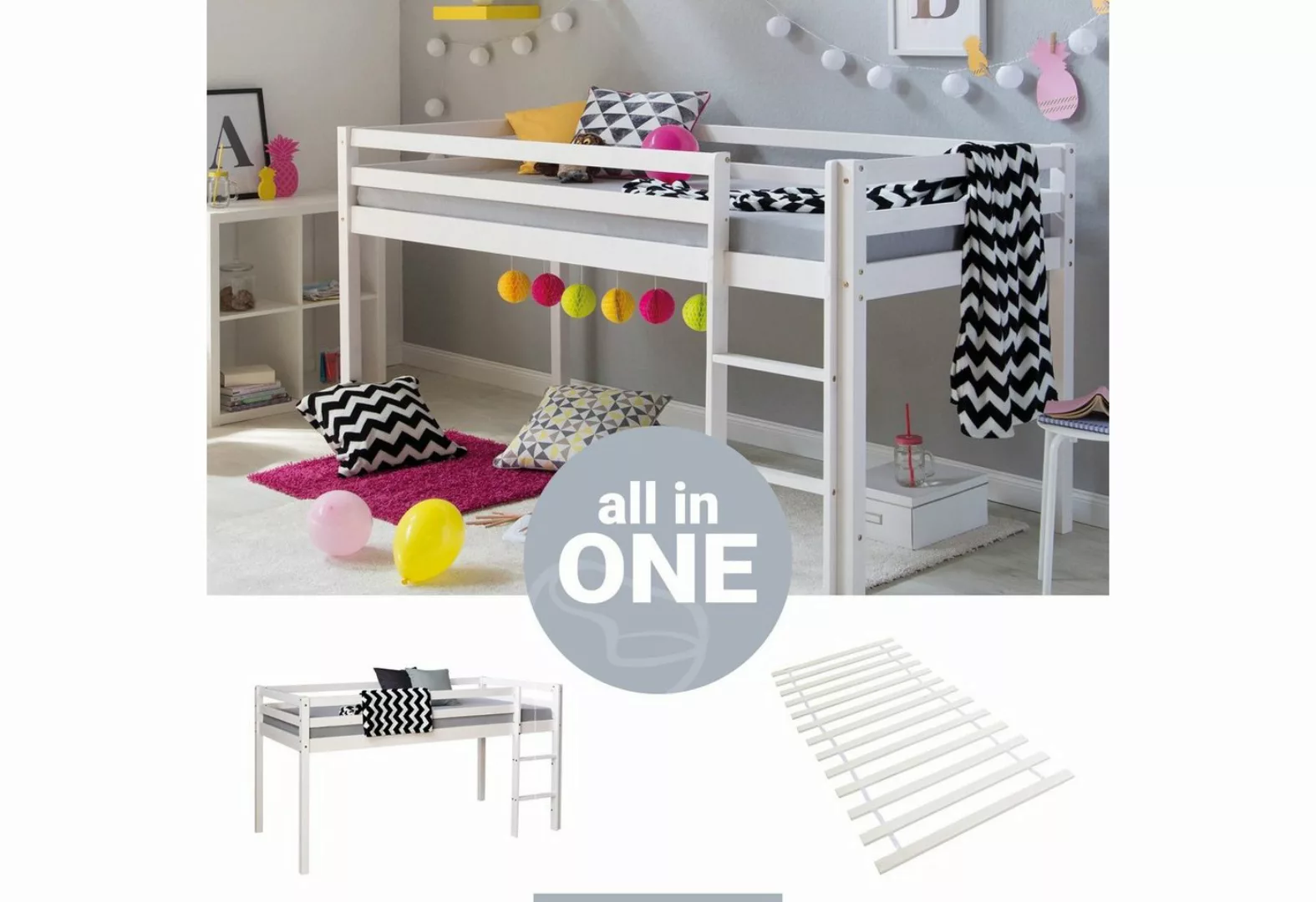 Homestyle4u Hochbett 90x200 Kinderbett Weiß oder Grau Kiefer mit Vorhang Sp günstig online kaufen