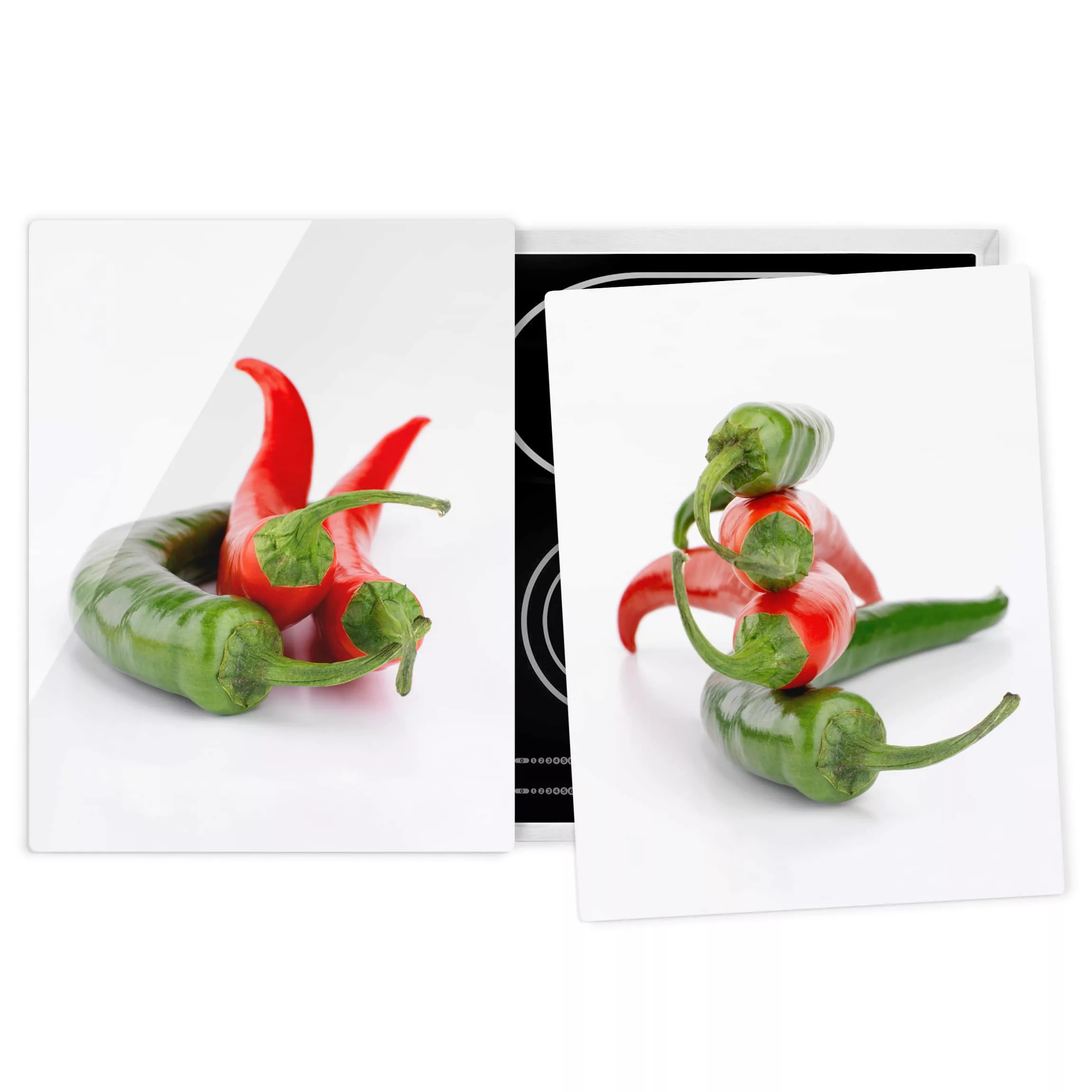 2-teilige Herdabdeckplatte Glas Kulinarisch Rote und grüne Peperoni günstig online kaufen