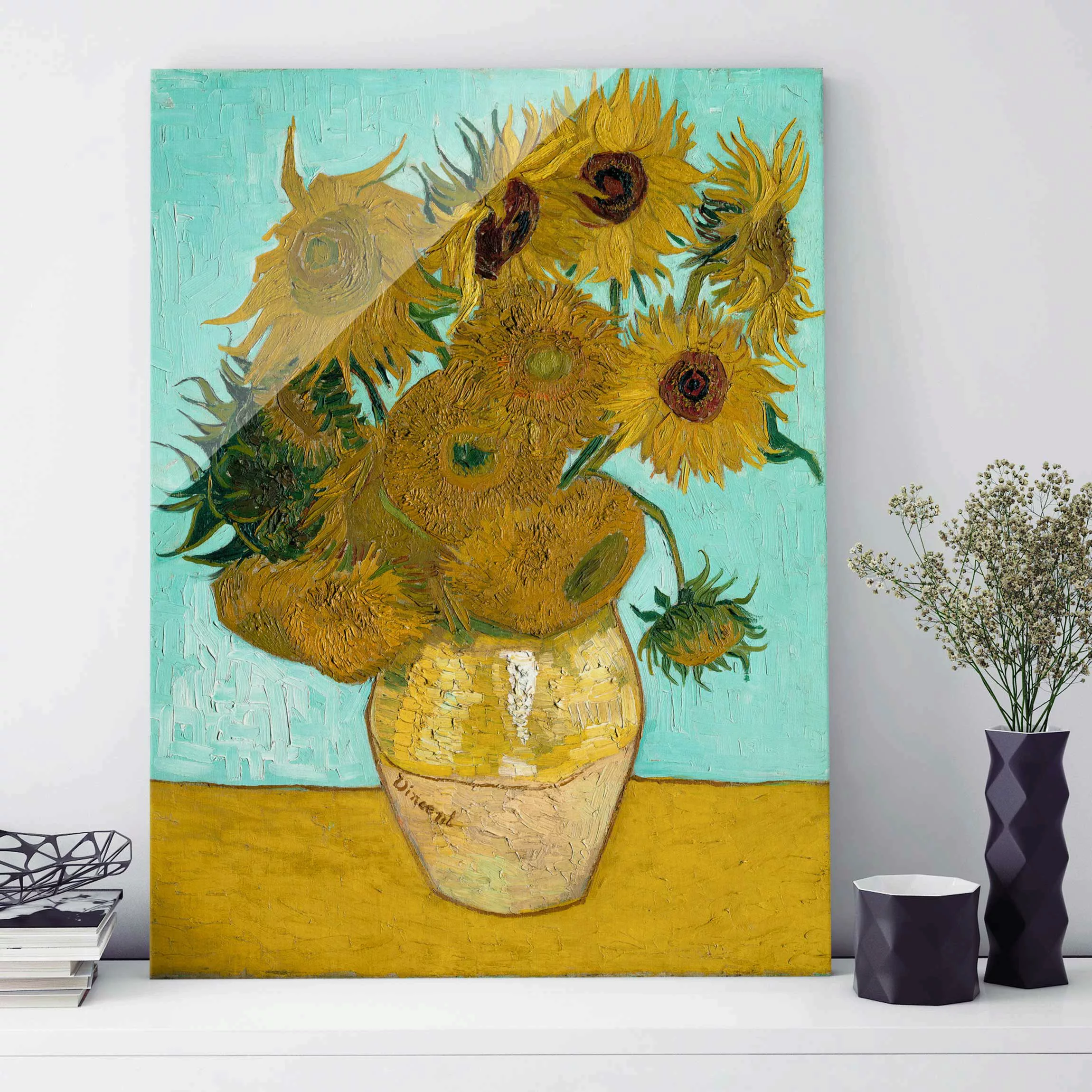 Glasbild Kunstdruck - Hochformat Vincent van Gogh - Vase mit Sonnenblumen günstig online kaufen