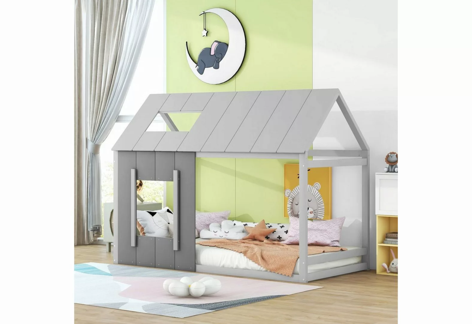 Flieks Kinderbett, Massivholz Einzelbett Hausbett mit Dach und Fenster 90x2 günstig online kaufen