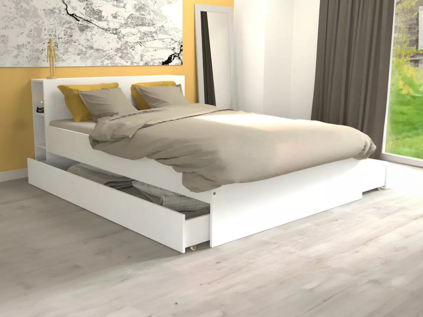 Bett mit Kopfteil & Stauraum & Schubladen - 160 x 200 cm - Weiß - EUGENE günstig online kaufen