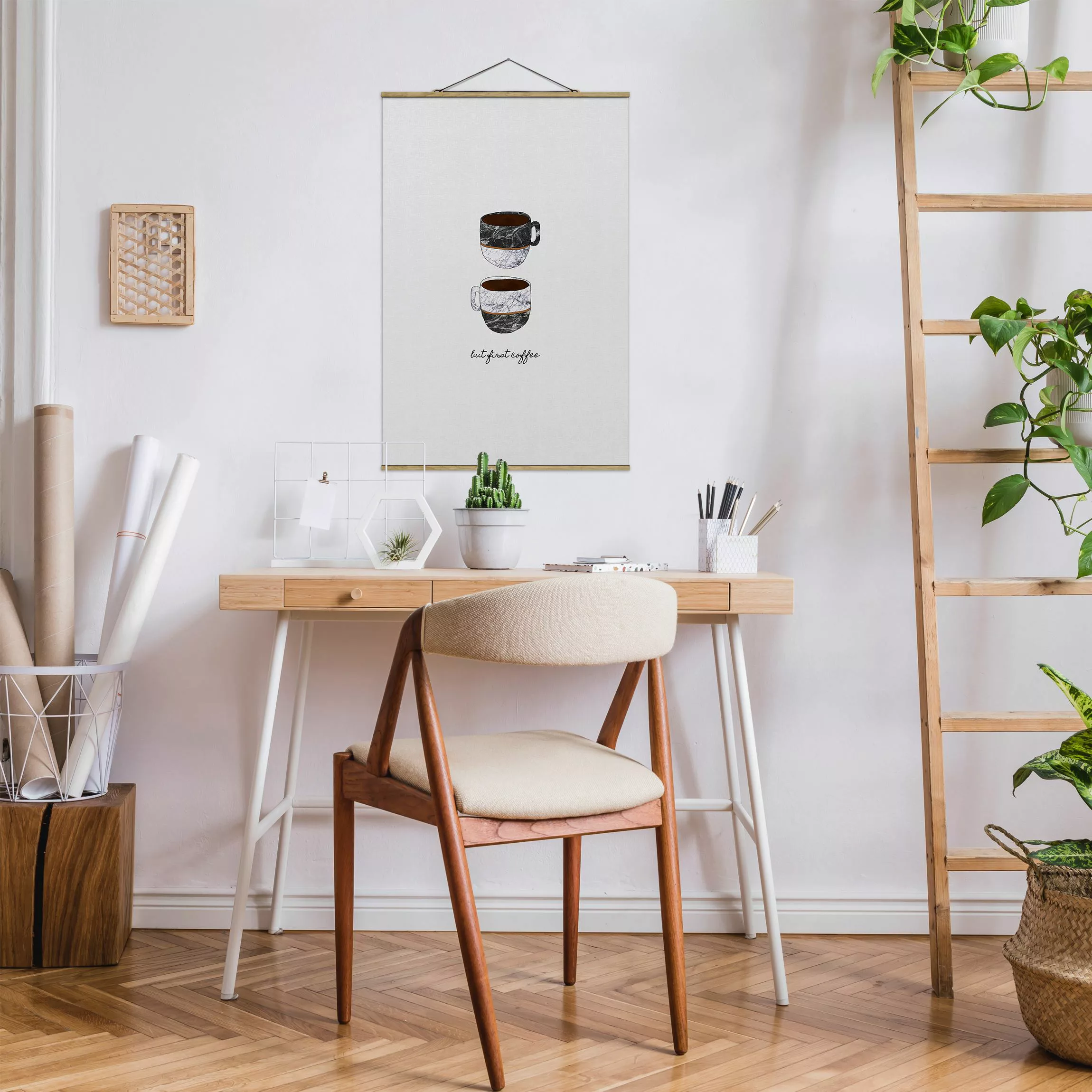 Stoffbild mit Posterleisten Tassen Zitat But First Coffee günstig online kaufen