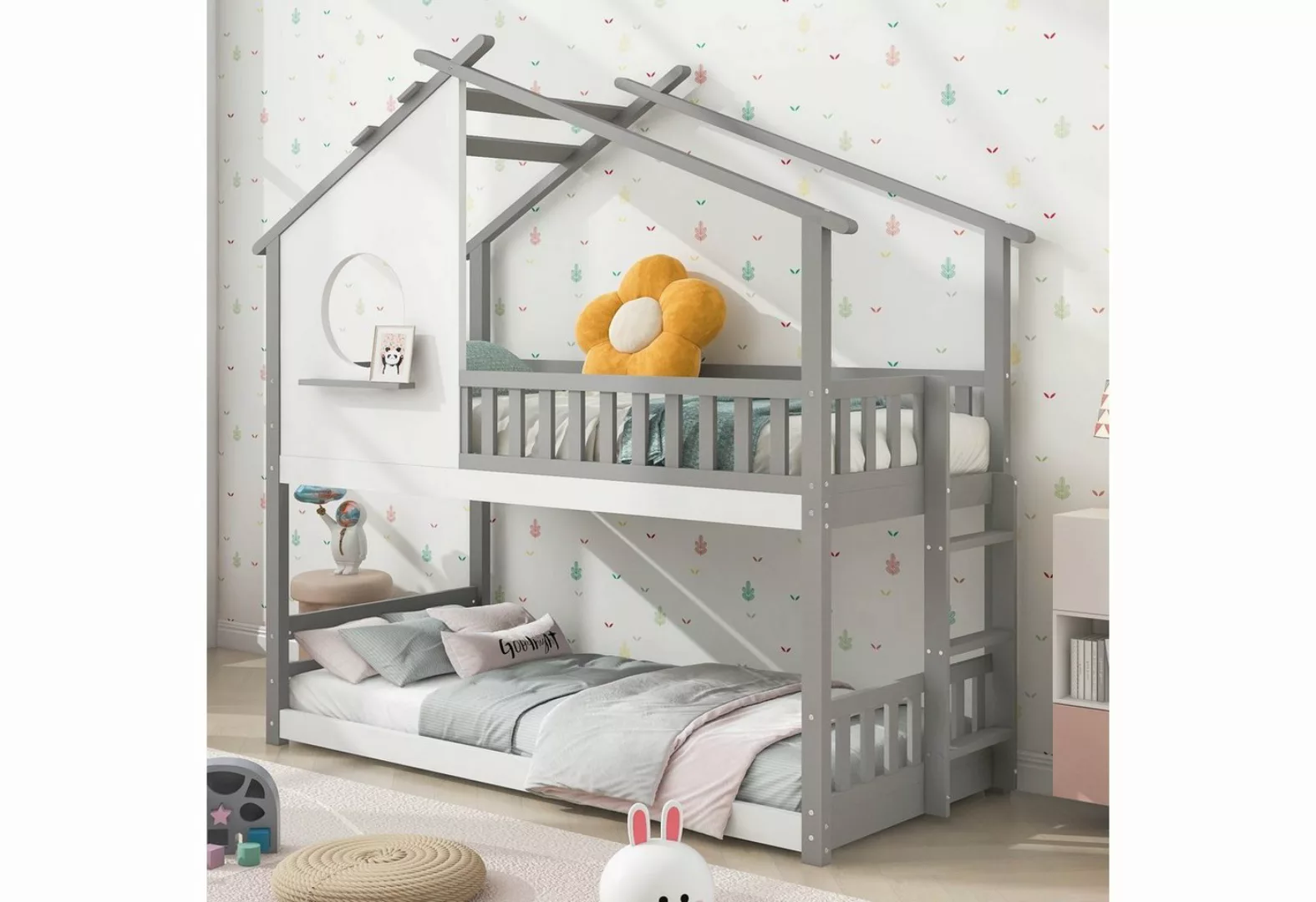 WISHDOR Kinderbett Jugendbett Hausbett Massivholzbett (Grau+weiß (200x90cm) günstig online kaufen