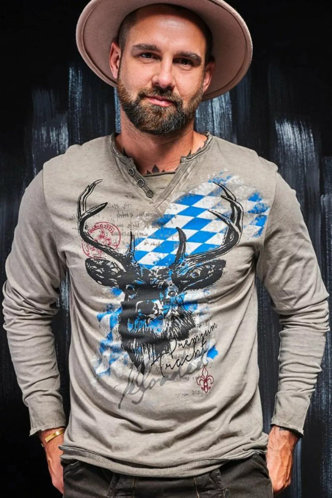 Hangowear Trachtenshirt Longsleeve Herren - FERDI BAVARIA - hellbraun, grau günstig online kaufen