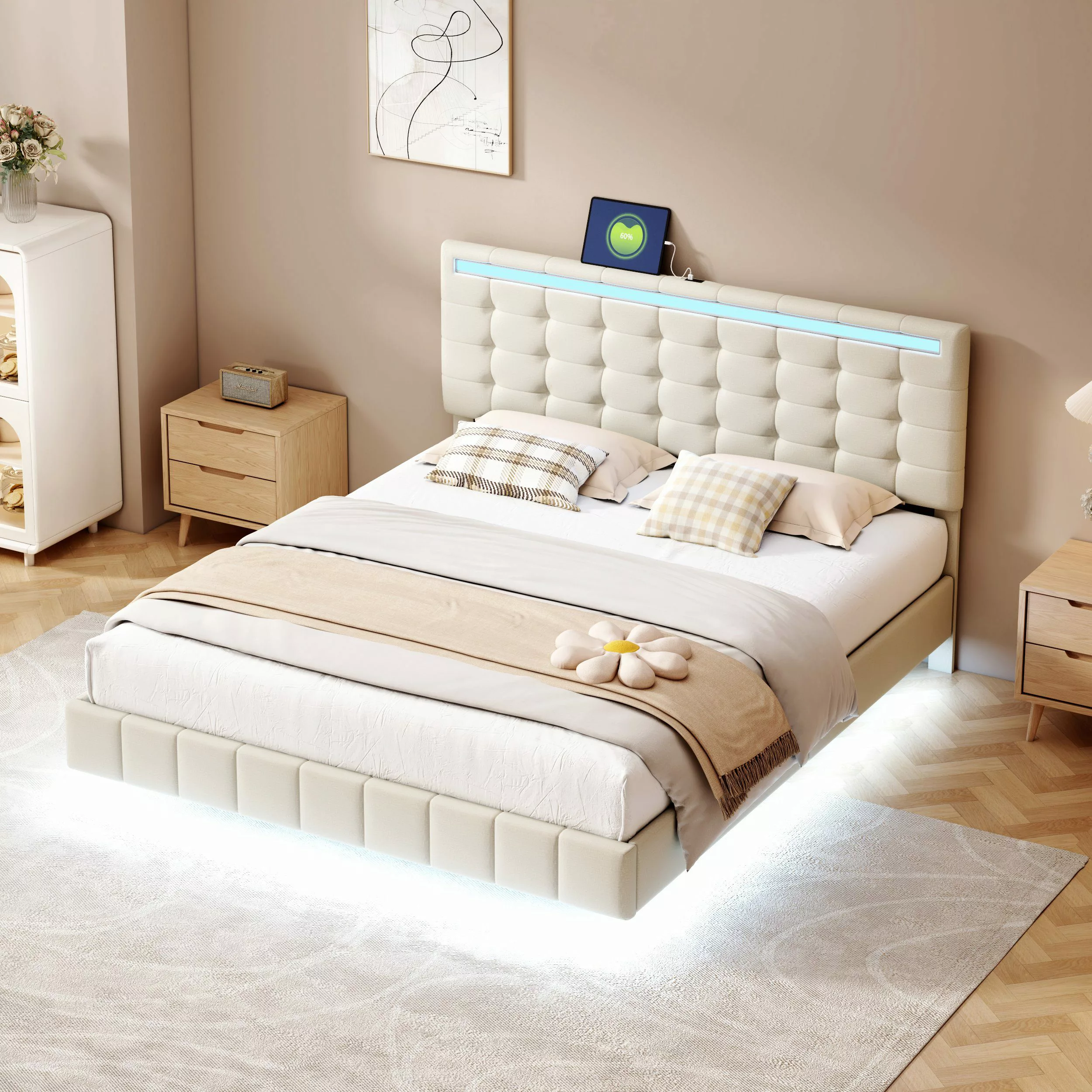 Flieks Polsterbett, LED-Beleuchtung Doppelbett Schwebebettrahmen 160x200cm günstig online kaufen