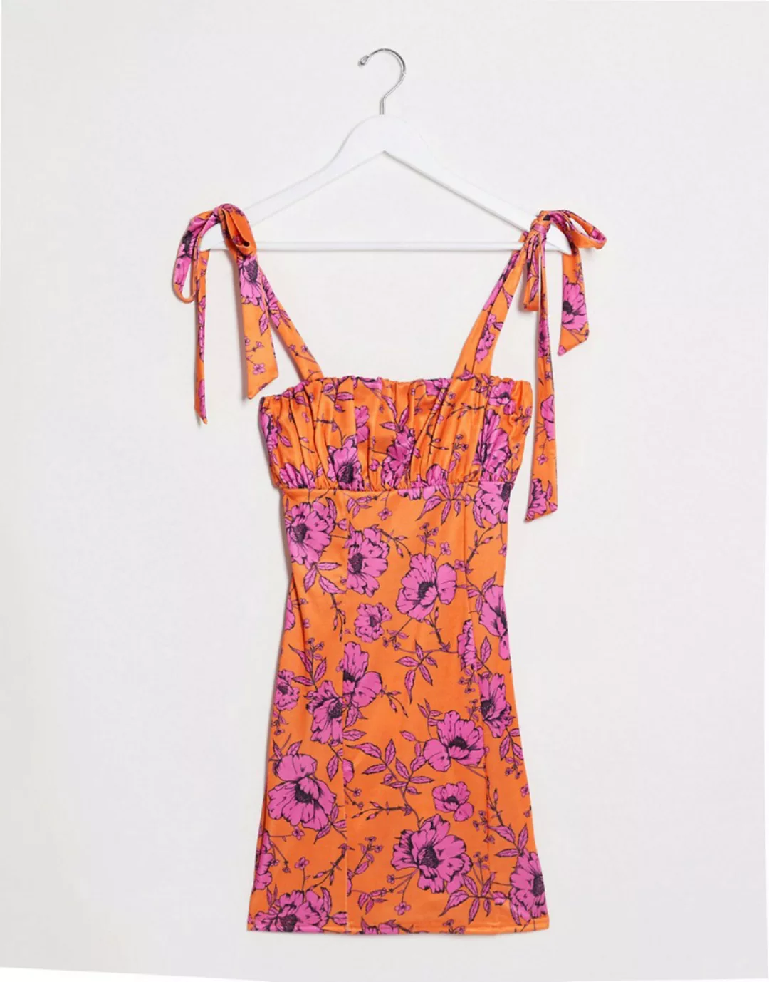 ASOS DESIGN – Bodycon-Minikleid aus Satin mit Blumendruck-Mehrfarbig günstig online kaufen