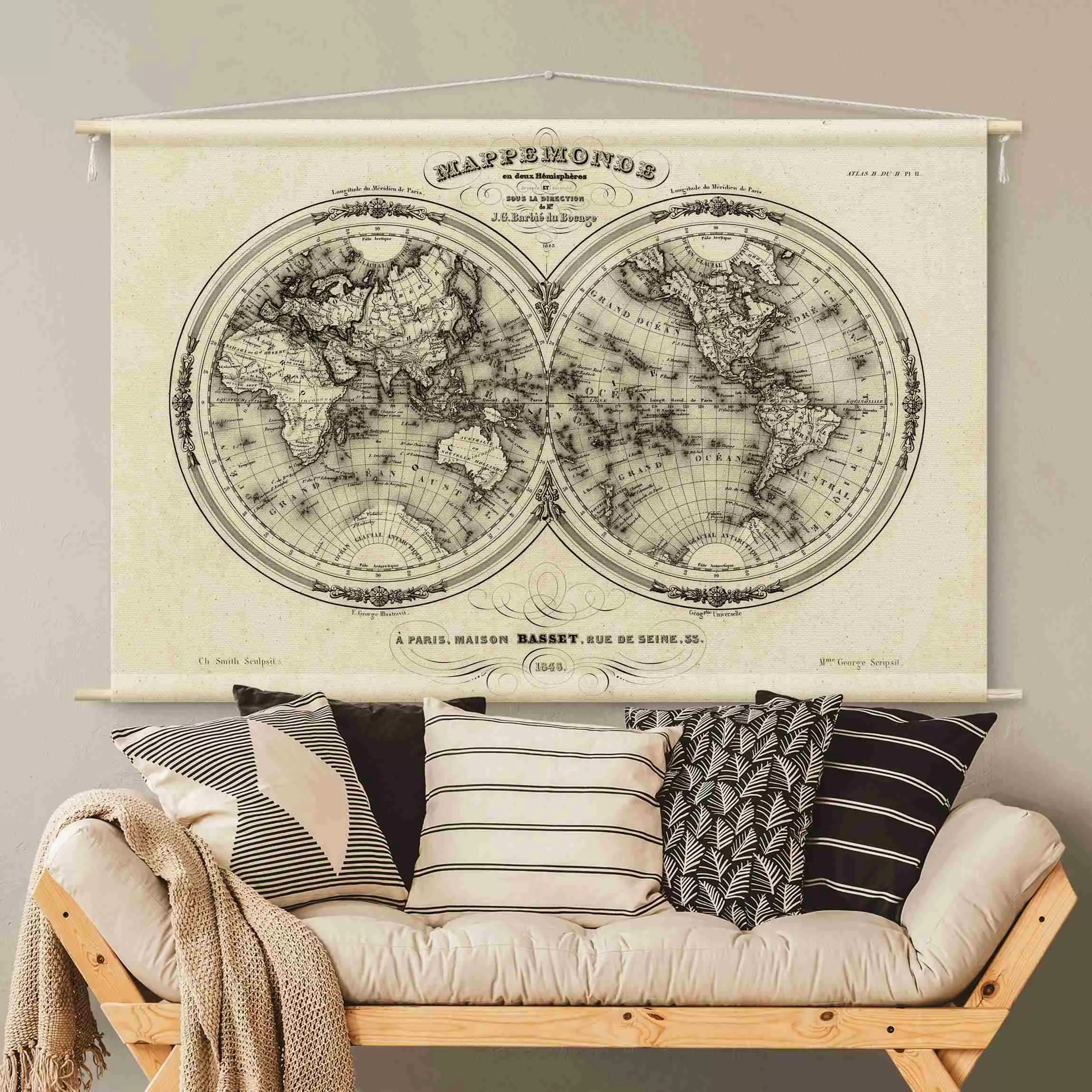 Wandteppich Weltkarte - Französische Karte der Hemissphären von 1848 günstig online kaufen